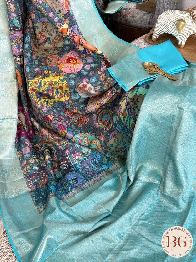 Kanjeevaram pen kalamkari saree on pure handloom silk - Blue