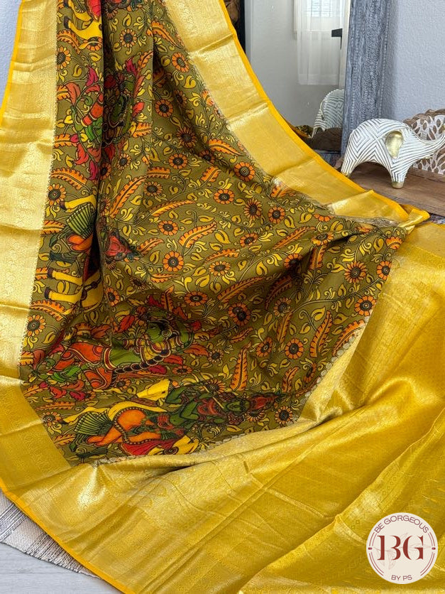 Kanjeevaram pen kalamkari saree on pure handloom silk - Yellow