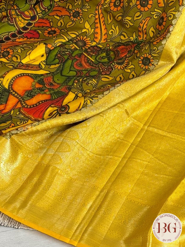 Kanjeevaram pen kalamkari saree on pure handloom silk - Yellow