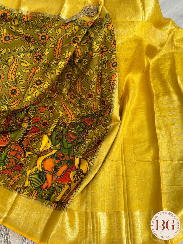 Kanjeevaram pen kalamkari saree on pure handloom silk - Yellow