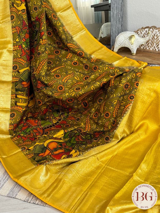 Kanjeevaram pen kalamkari saree on pure handloom silk - Yellow