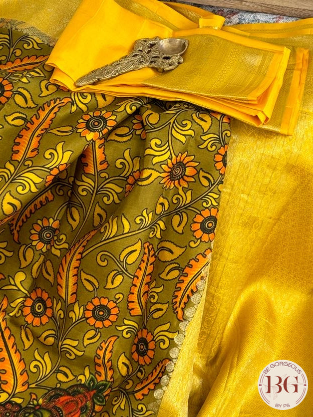 Kanjeevaram pen kalamkari saree on pure handloom silk - Yellow