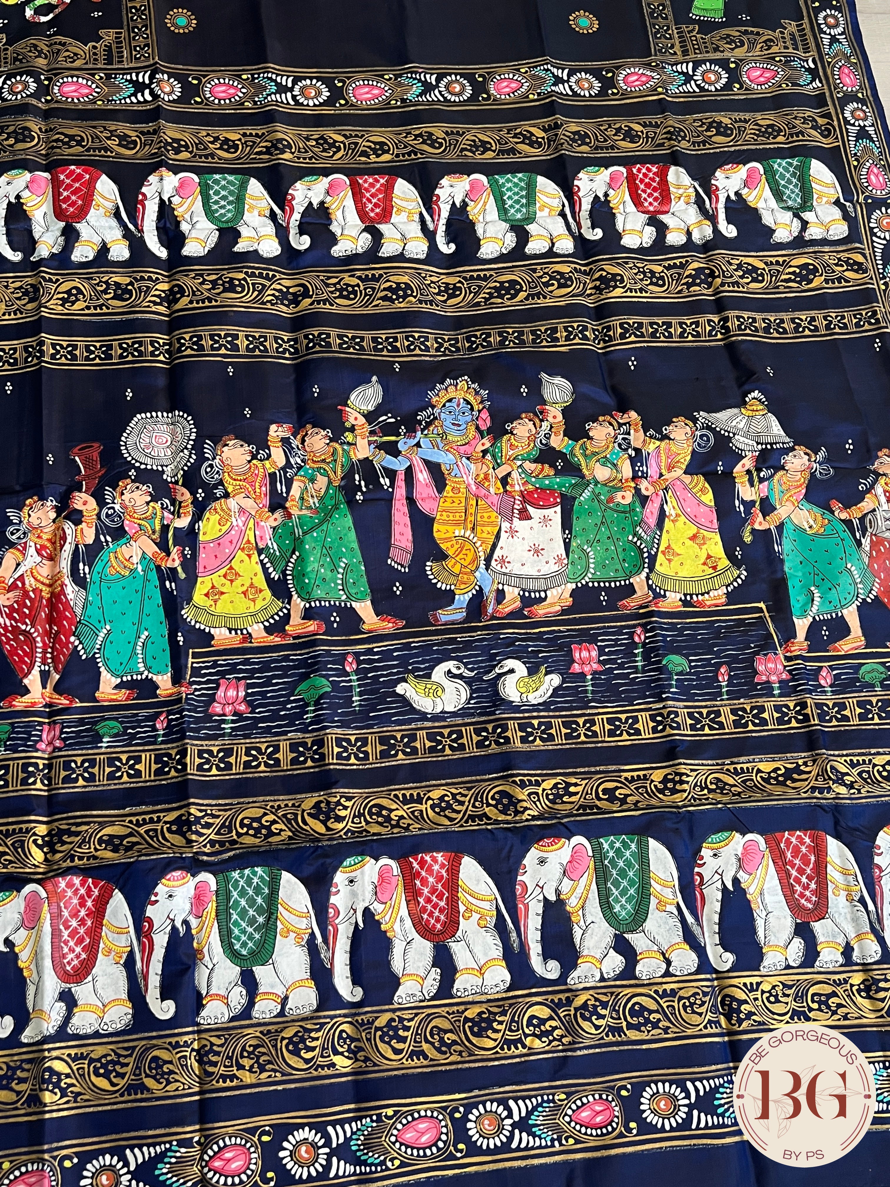 Pattachitra on silk with Krishna Elephant border - Blue