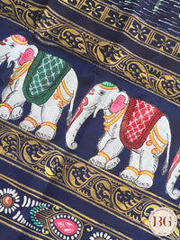 Pattachitra on silk with Krishna Elephant border - Blue