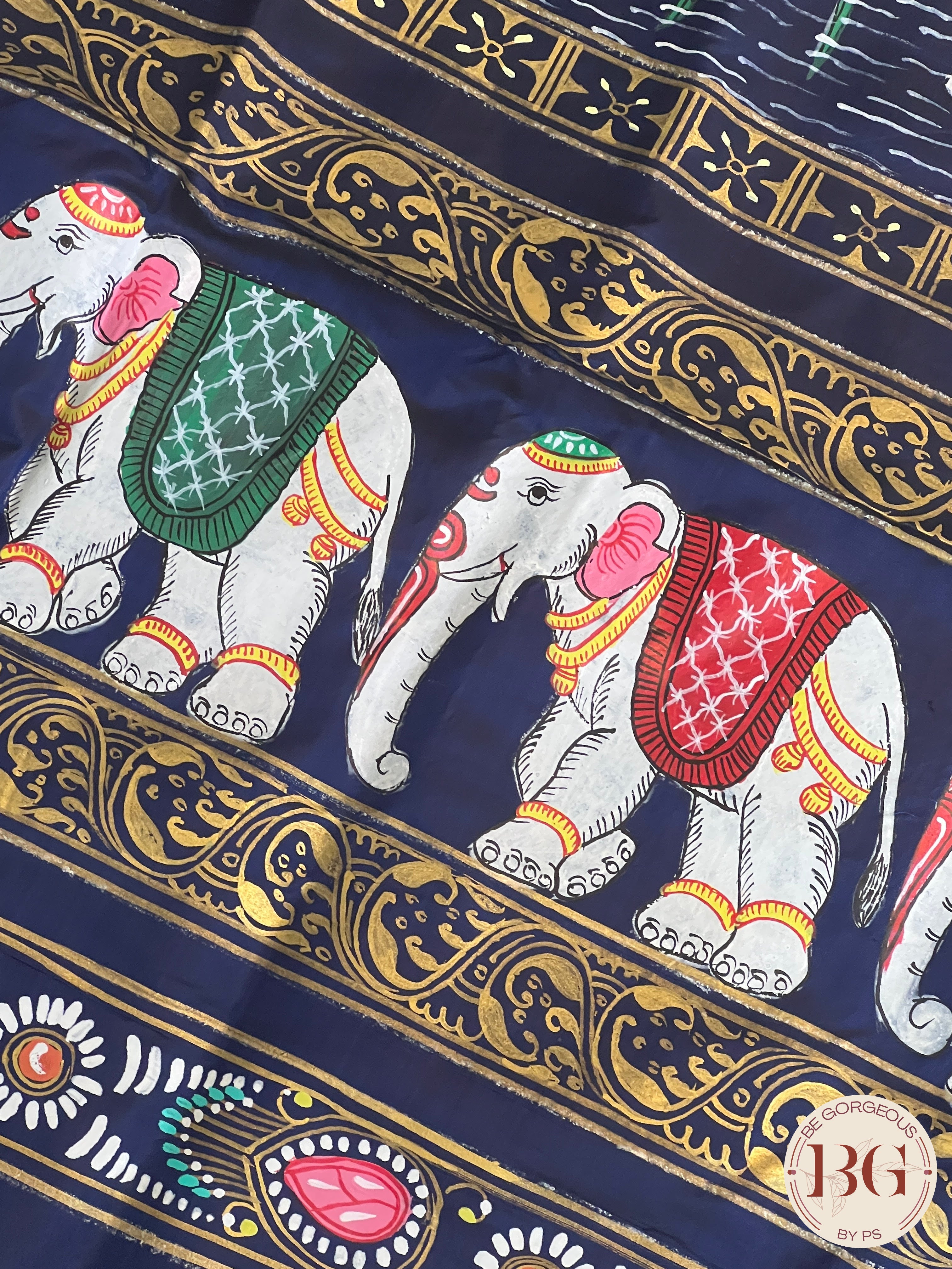 Pattachitra on silk with Krishna Elephant border - Blue