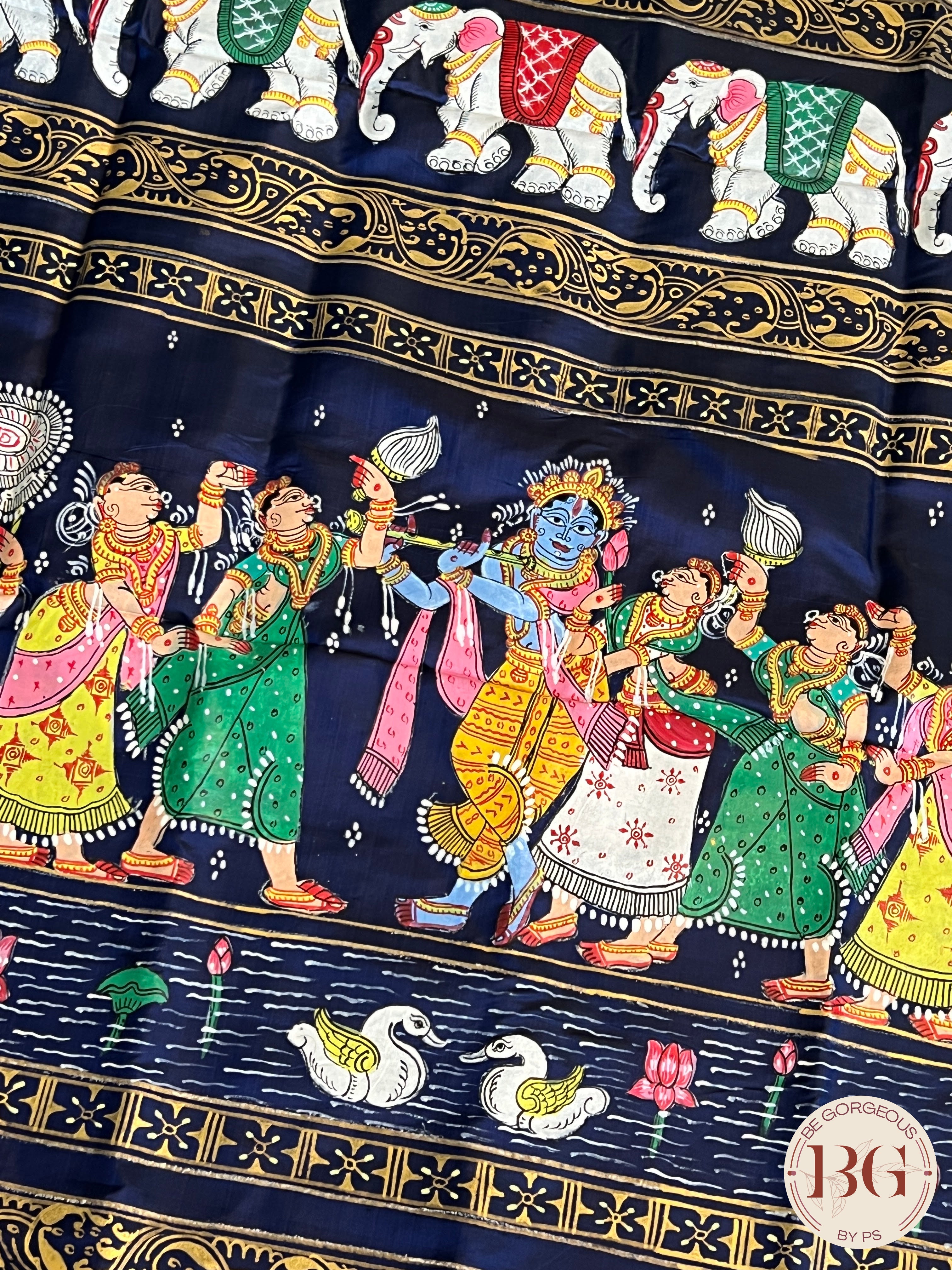 Pattachitra on silk with Krishna Elephant border - Blue