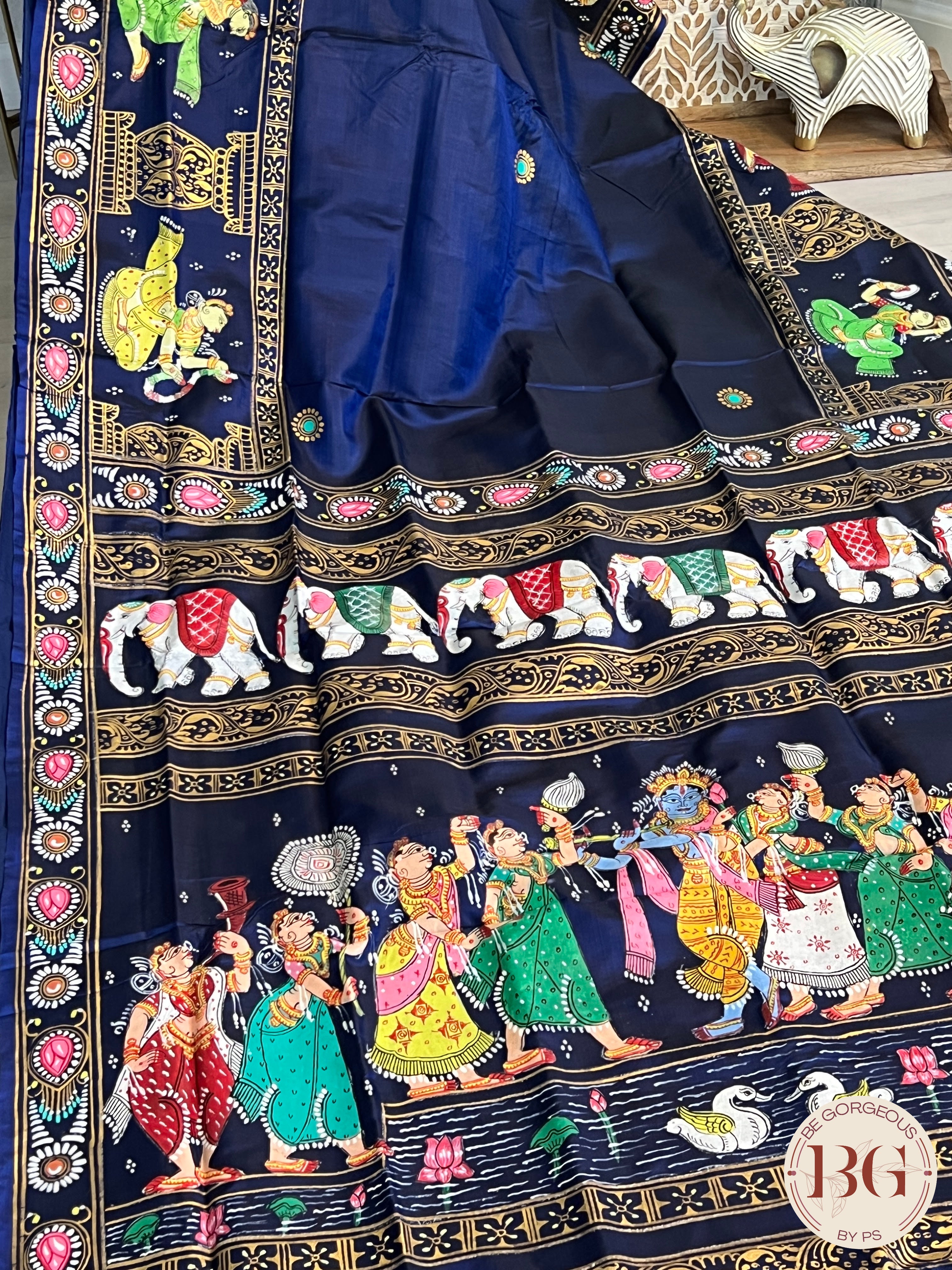 Pattachitra on silk with Krishna Elephant border - Blue