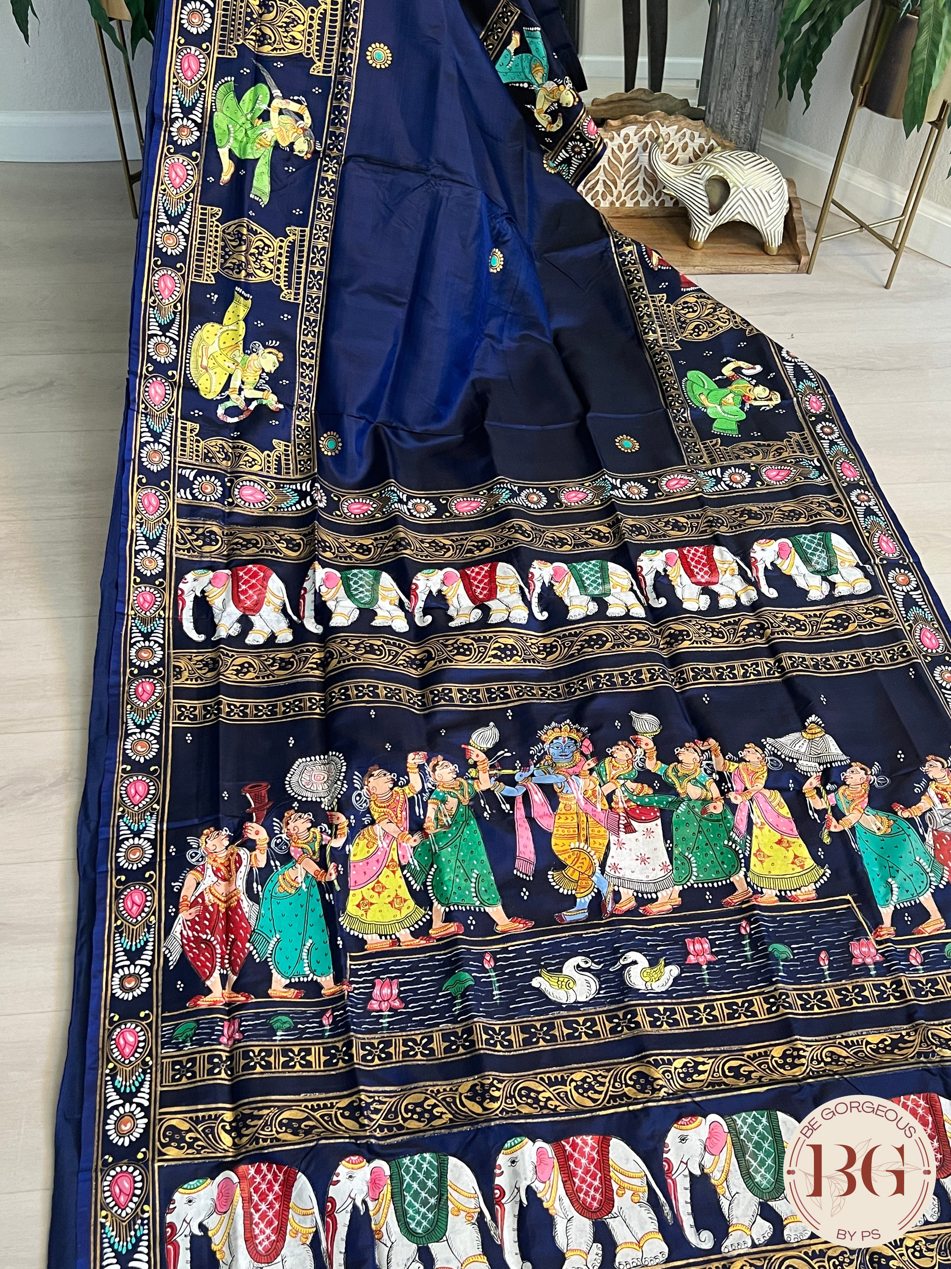 Pattachitra on silk with Krishna Elephant border - Blue