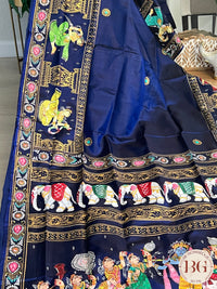 Pattachitra on silk with Krishna Elephant border - Blue