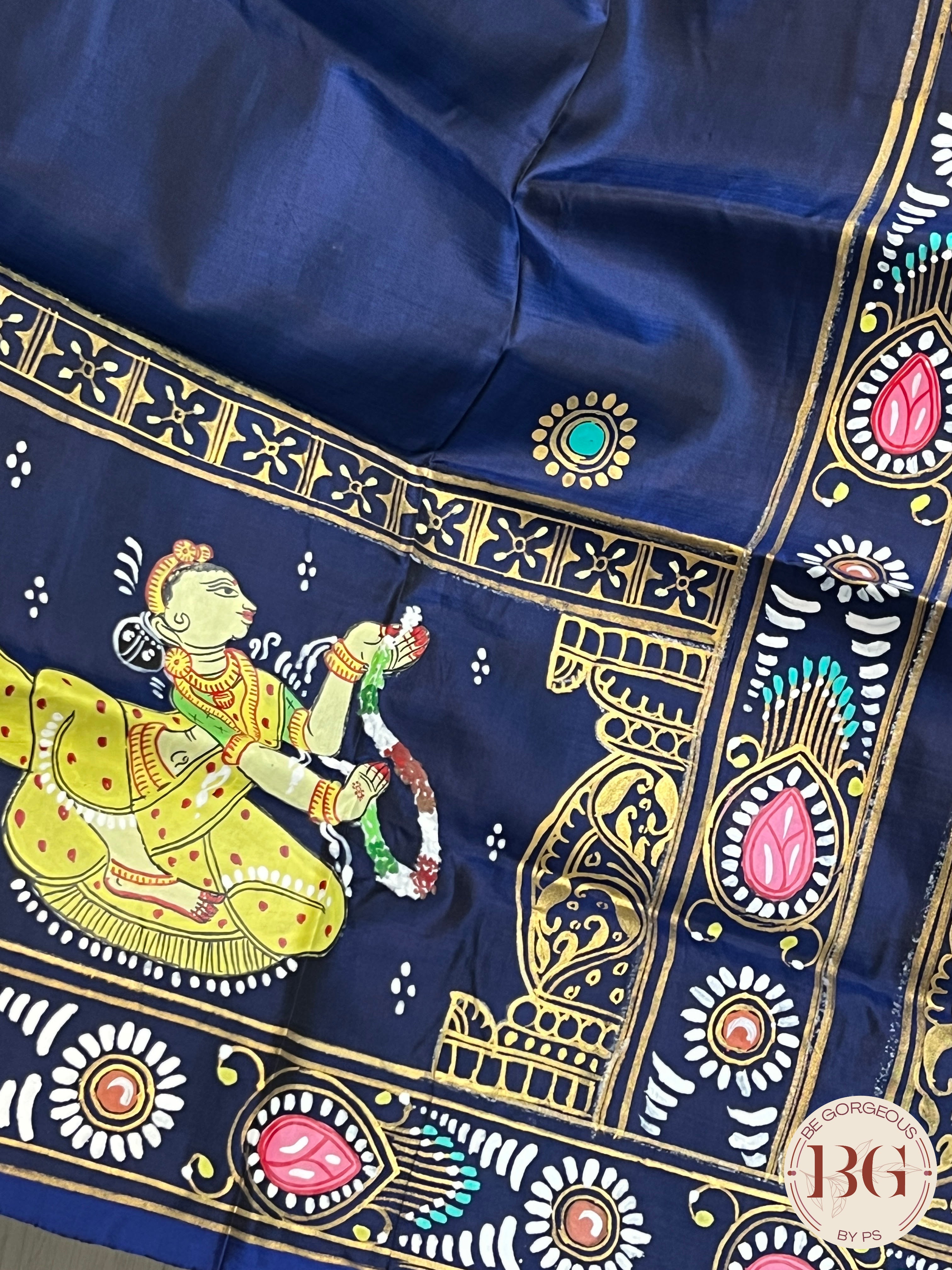 Pattachitra on silk with Krishna Elephant border - Blue