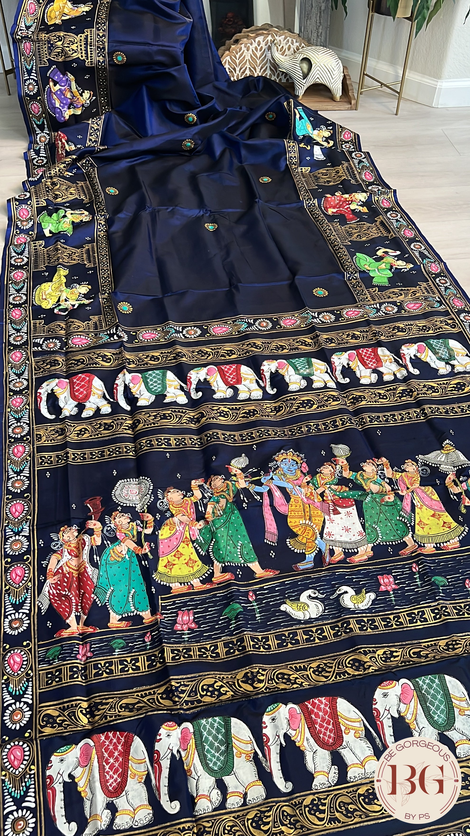 Pattachitra on silk with Krishna Elephant border - Blue