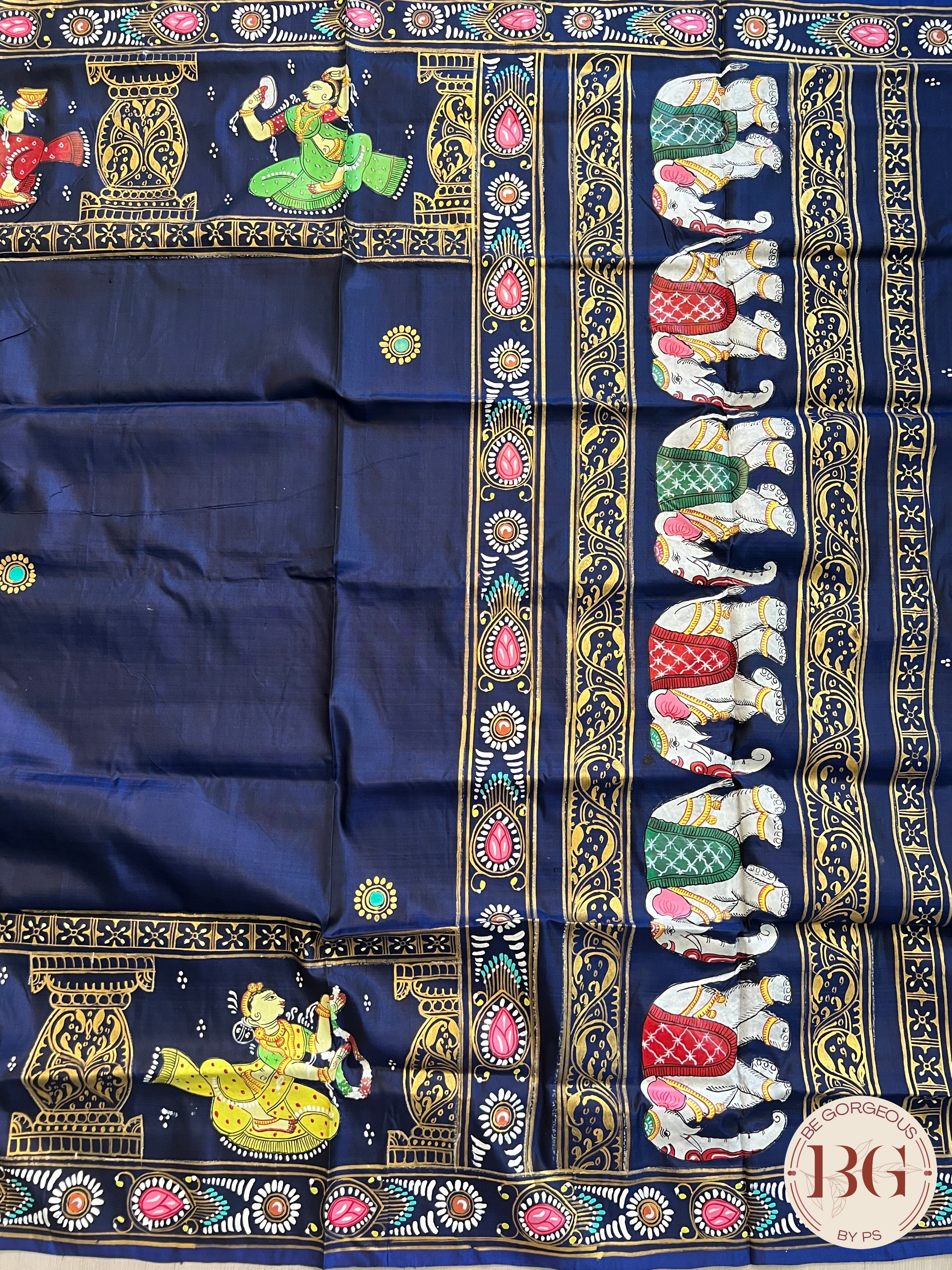 Pattachitra on silk with Krishna Elephant border - Blue