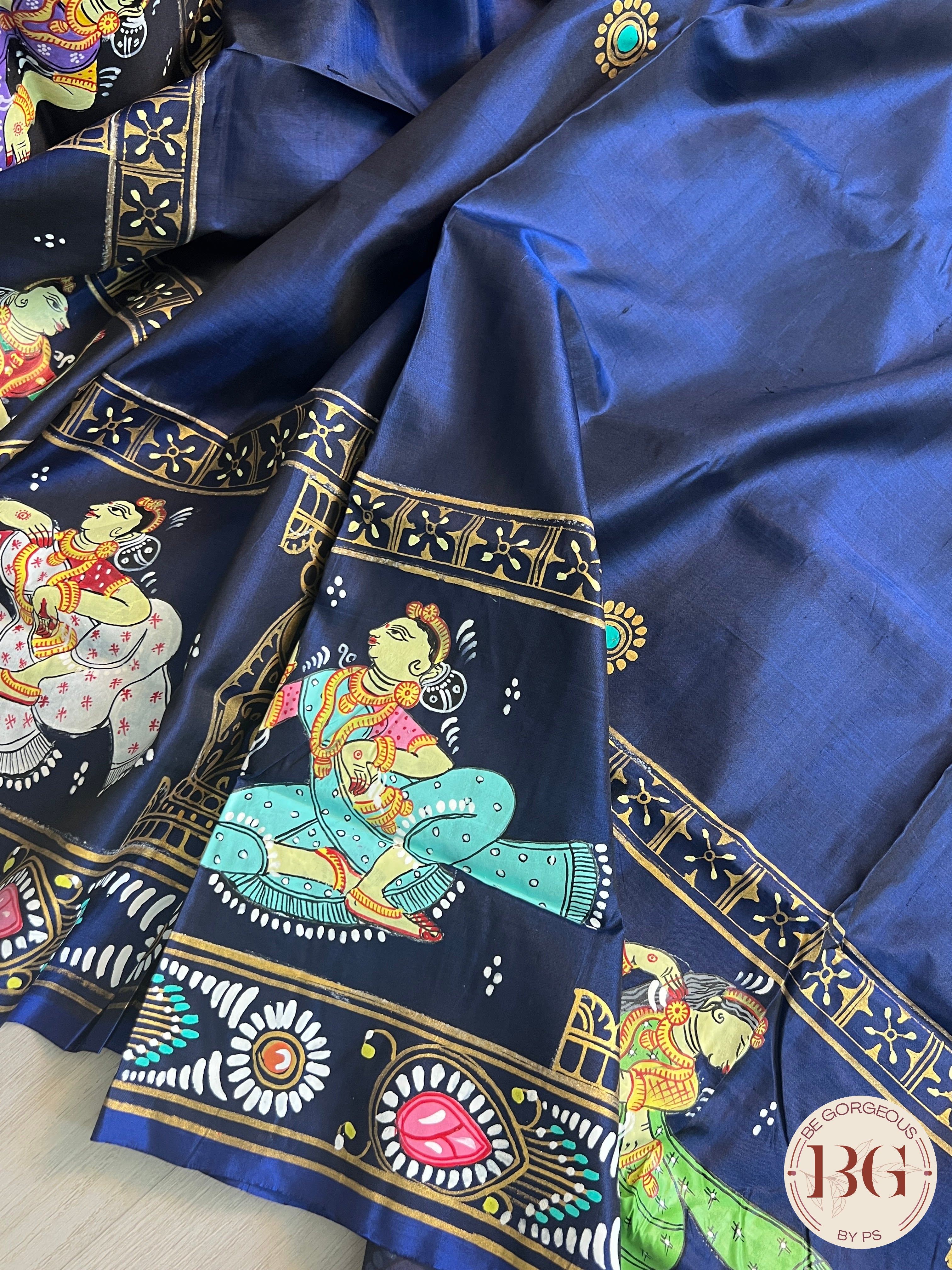 Pattachitra on silk with Krishna Elephant border - Blue