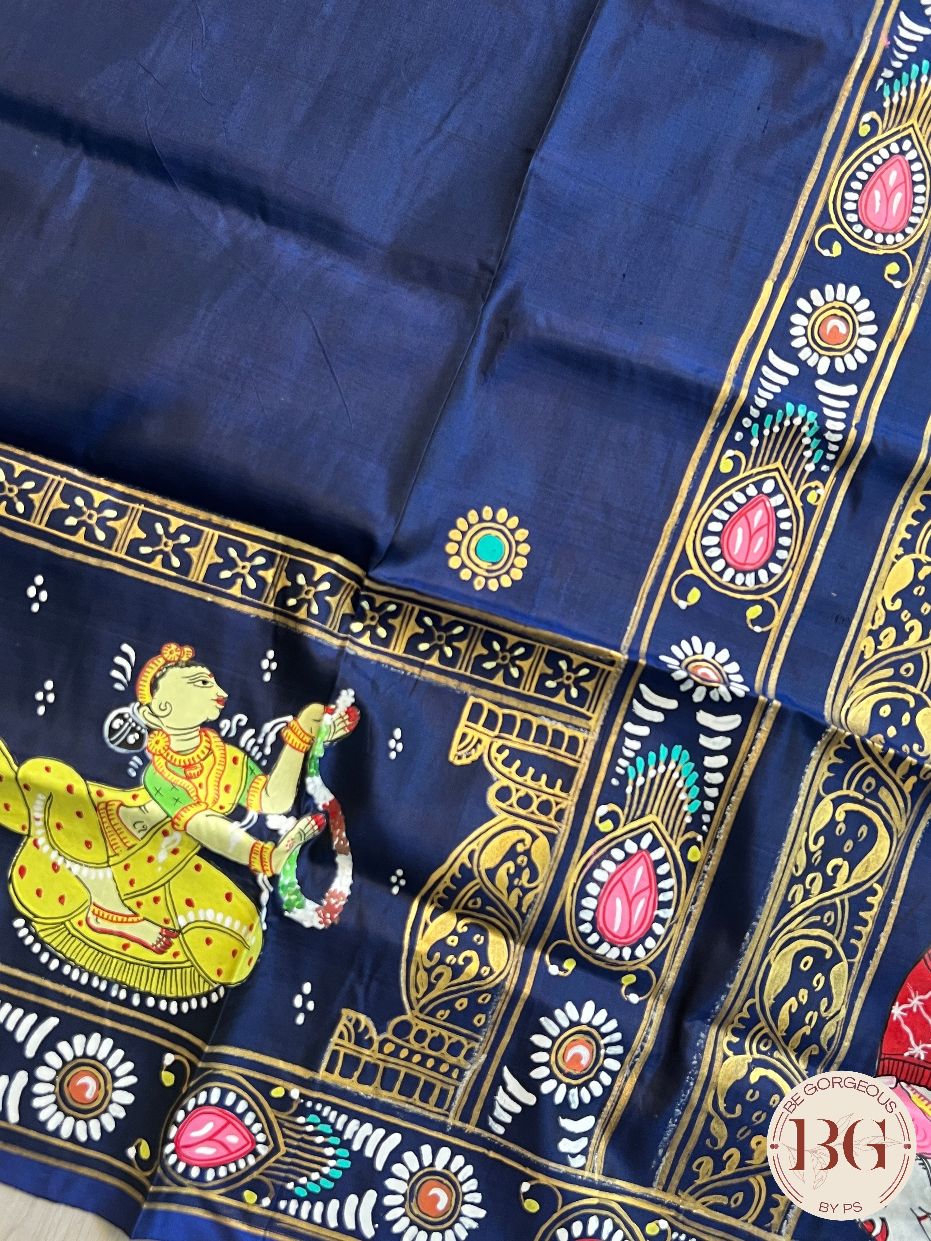 Pattachitra on silk with Krishna Elephant border - Blue