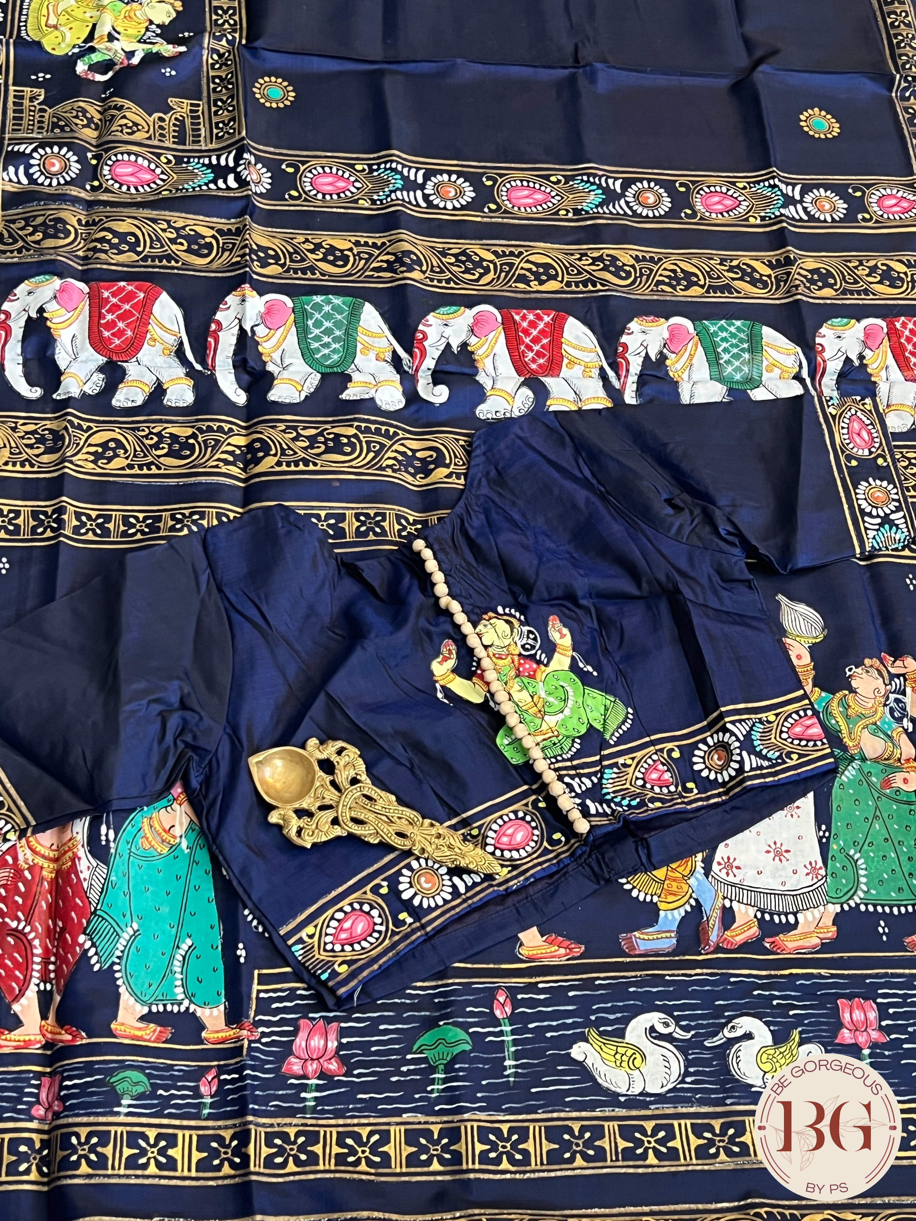 Pattachitra on silk with Krishna Elephant border - Blue