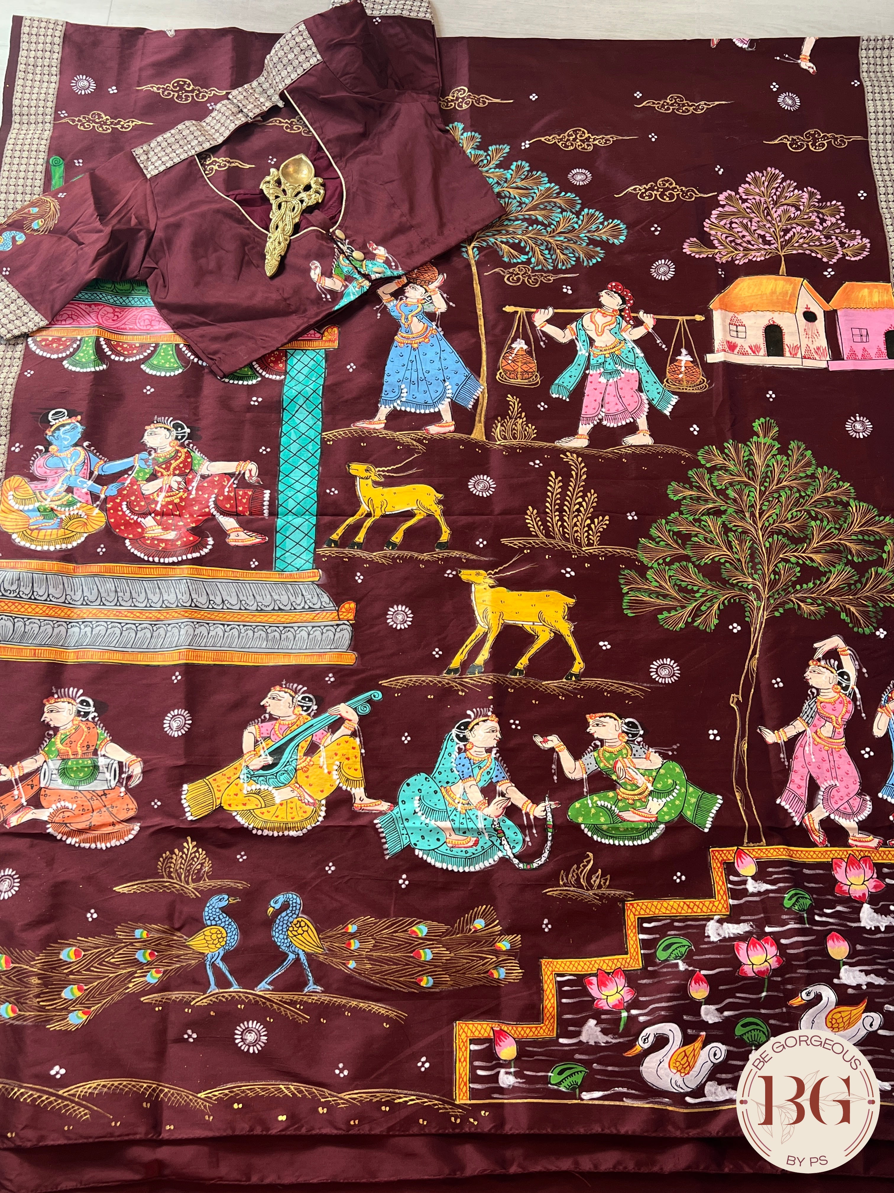 Pattachitra on bomkai silk with gokul theme - maroon