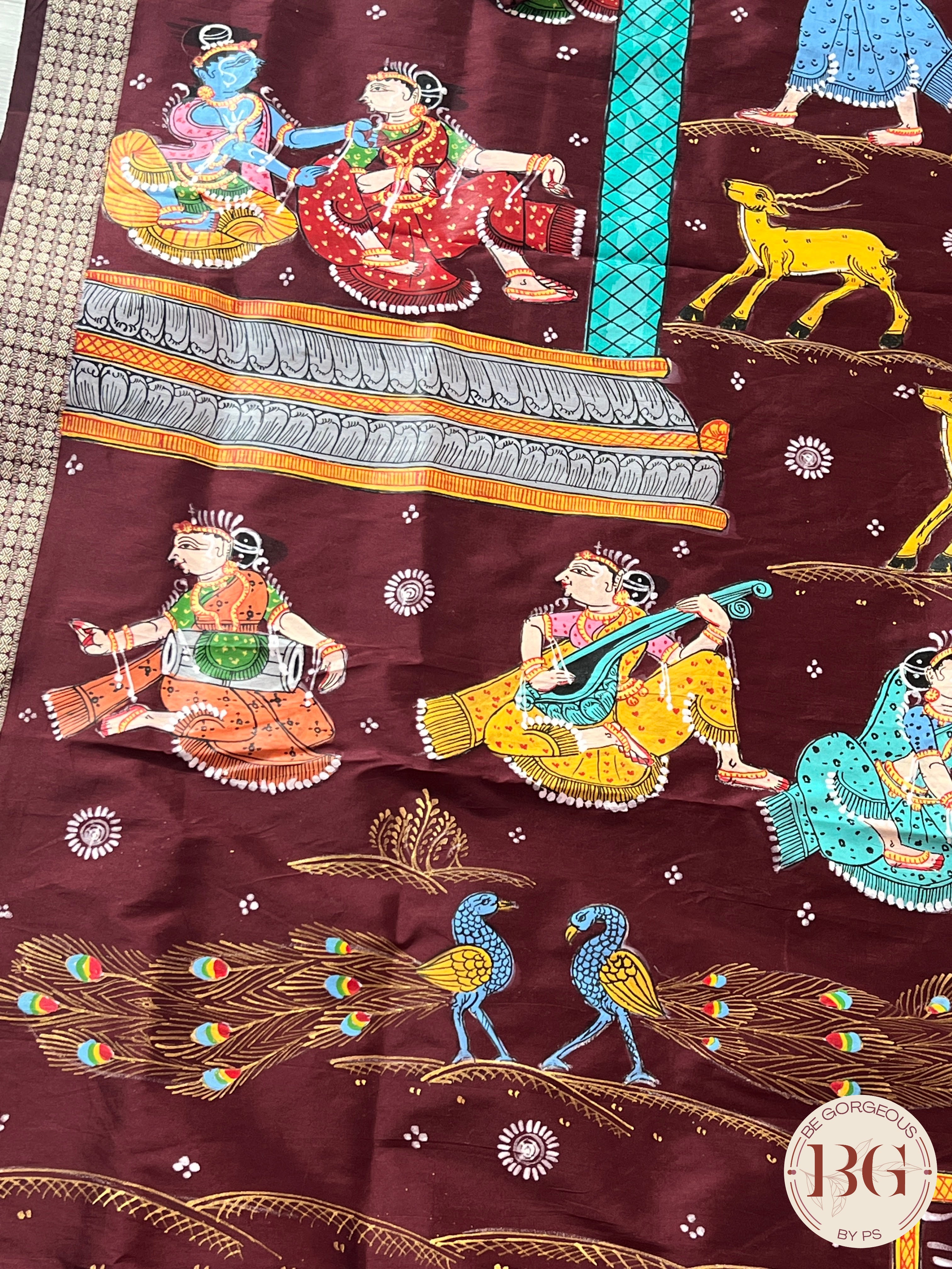 Pattachitra on bomkai silk with gokul theme - maroon