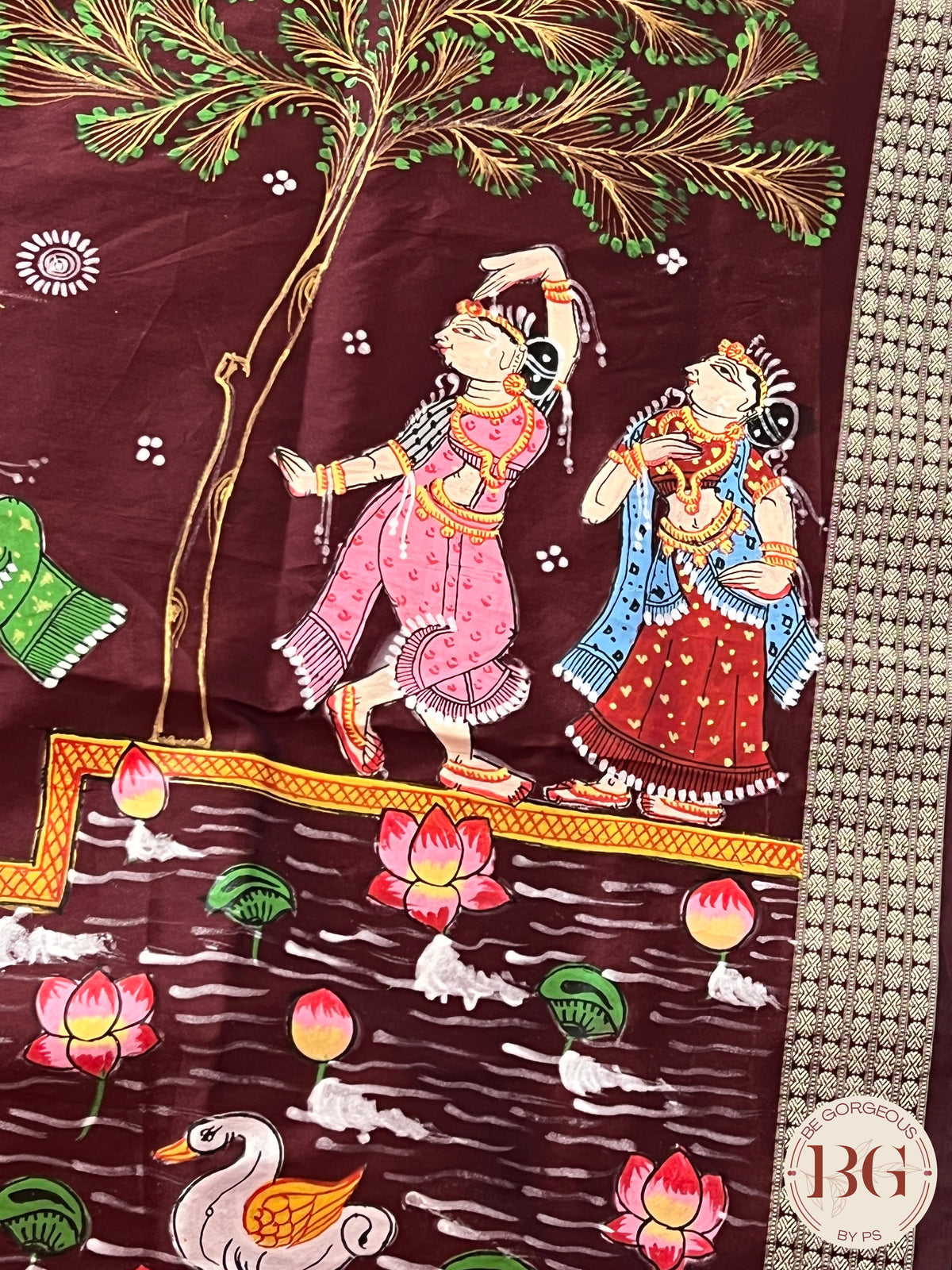 Pattachitra on bomkai silk with gokul theme - maroon
