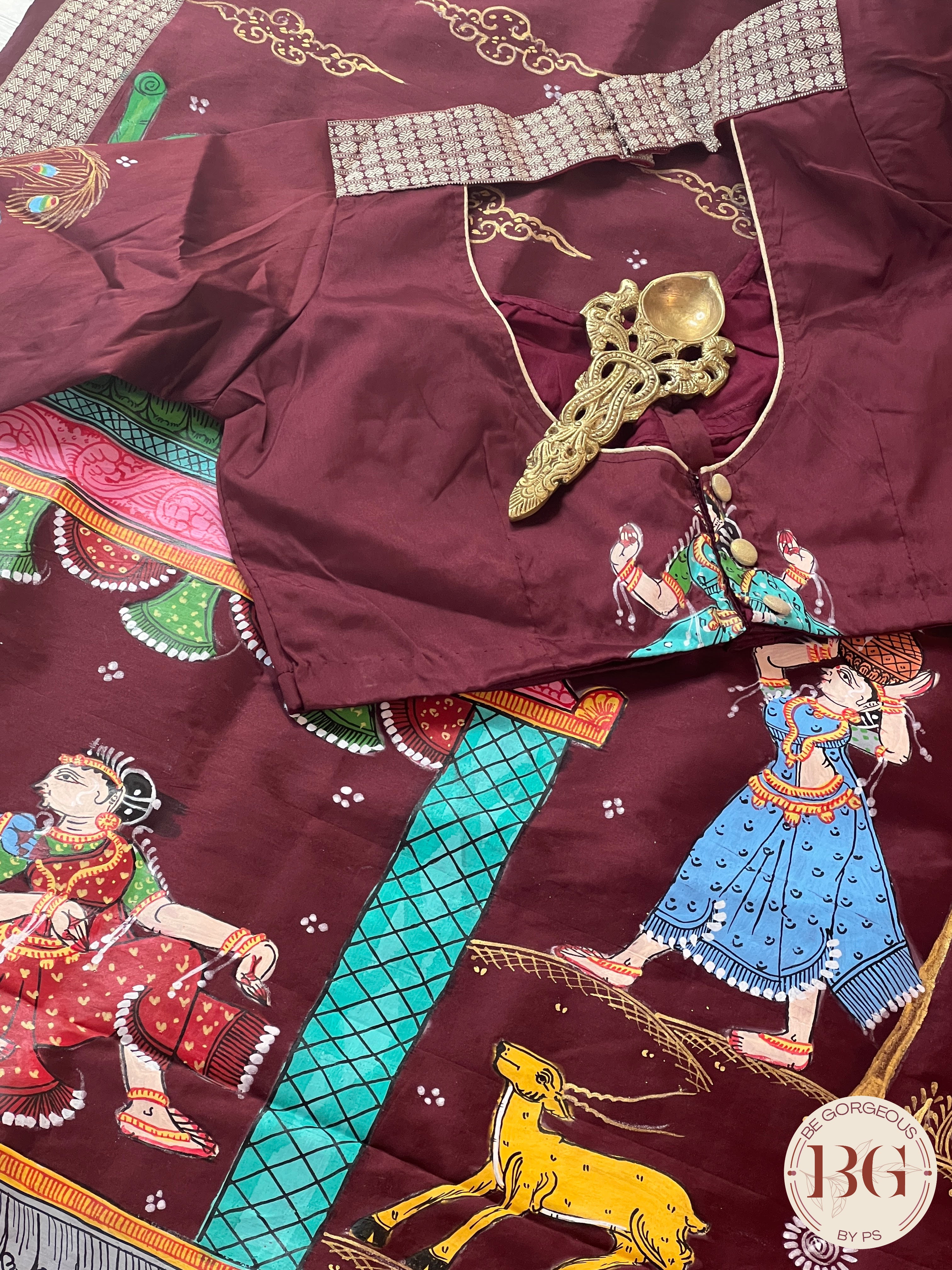 Pattachitra on bomkai silk with gokul theme - maroon