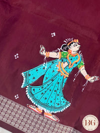 Pattachitra on bomkai silk with gokul theme - maroon