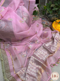 Banarasi Kora Organza silk mark certified saree with lace - Pink