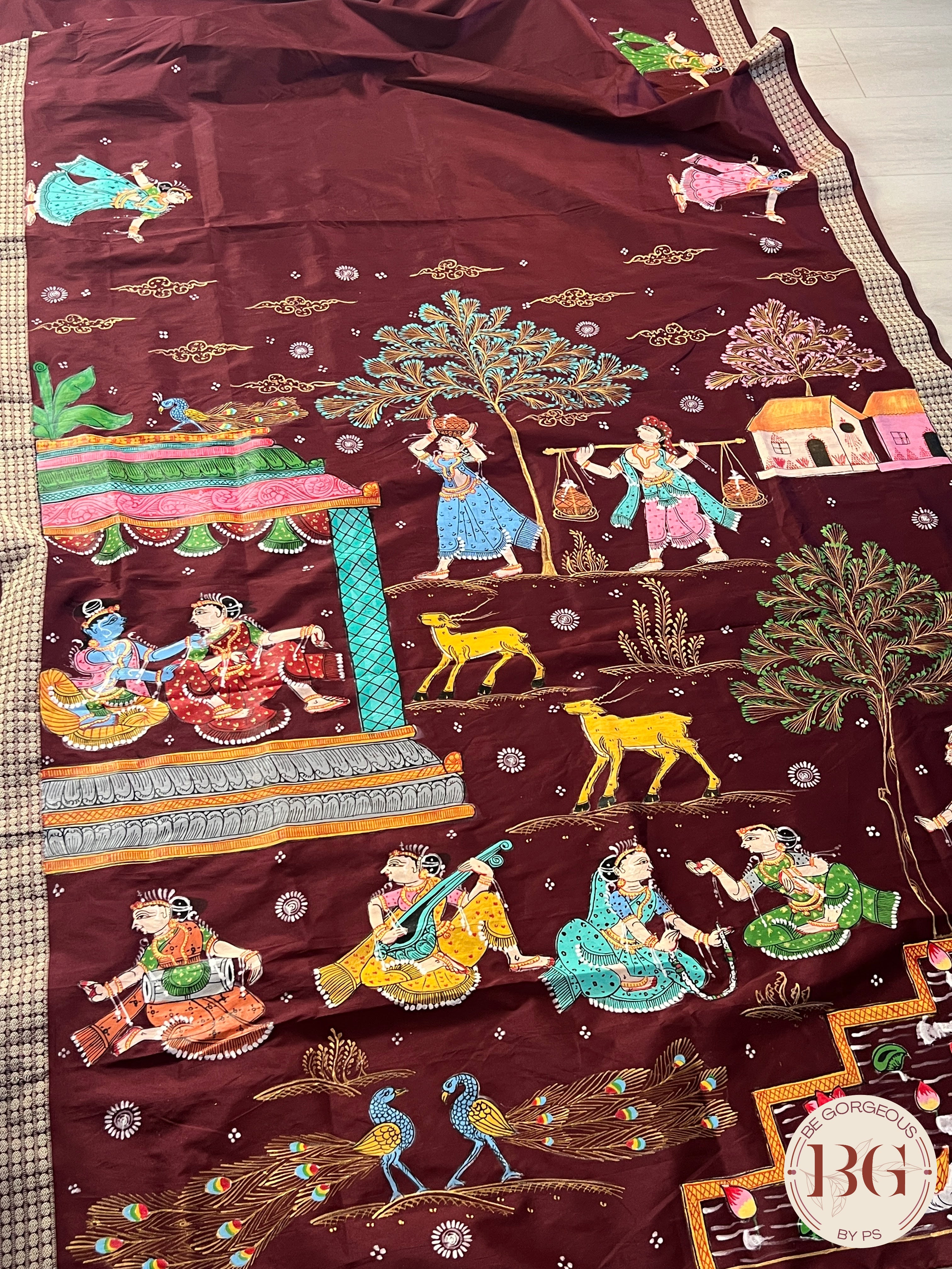 Pattachitra on bomkai silk with gokul theme - maroon