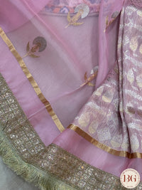 Banarasi Kora Organza silk mark certified saree with lace - Pink