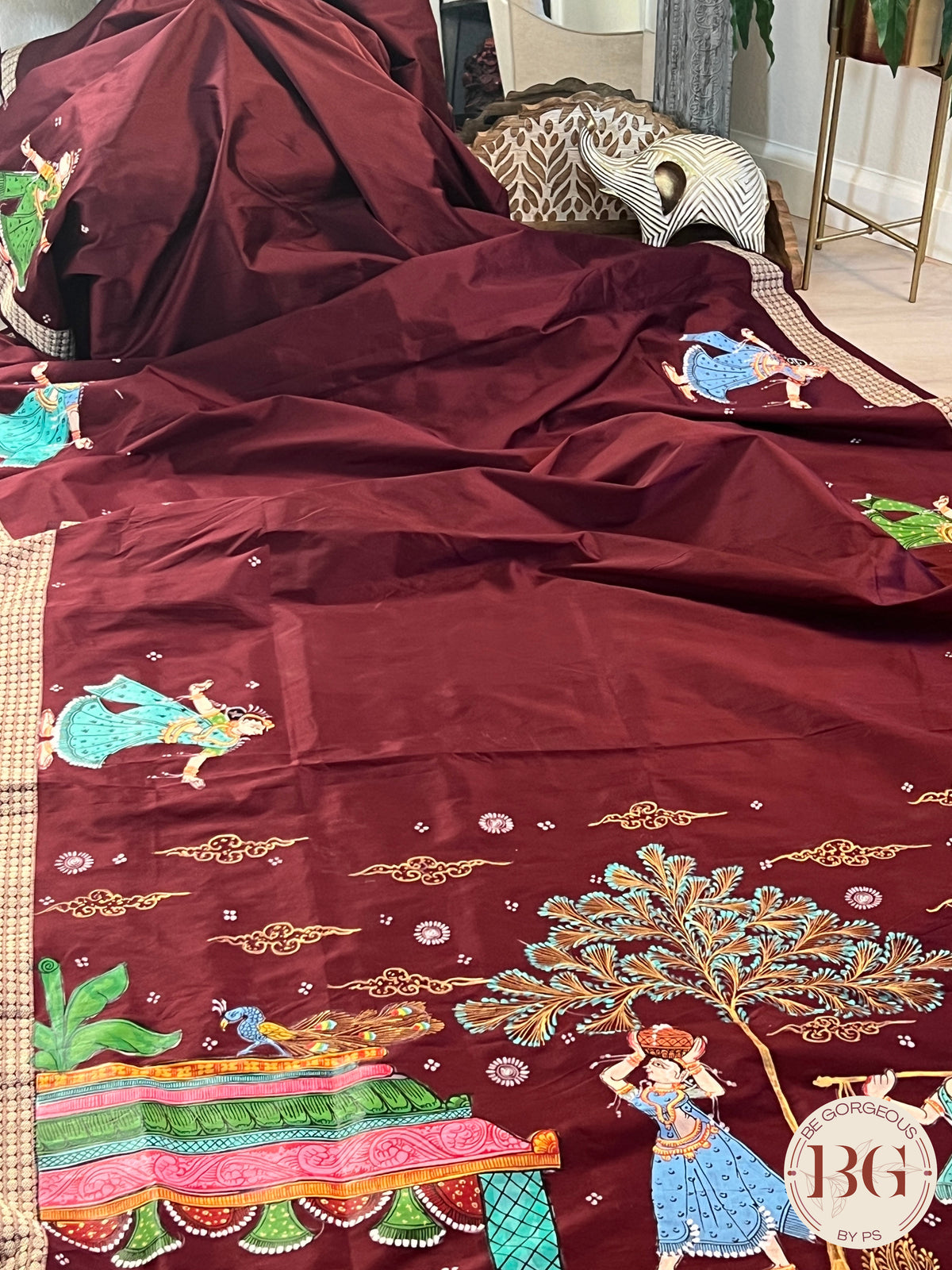 Pattachitra on bomkai silk with gokul theme - maroon