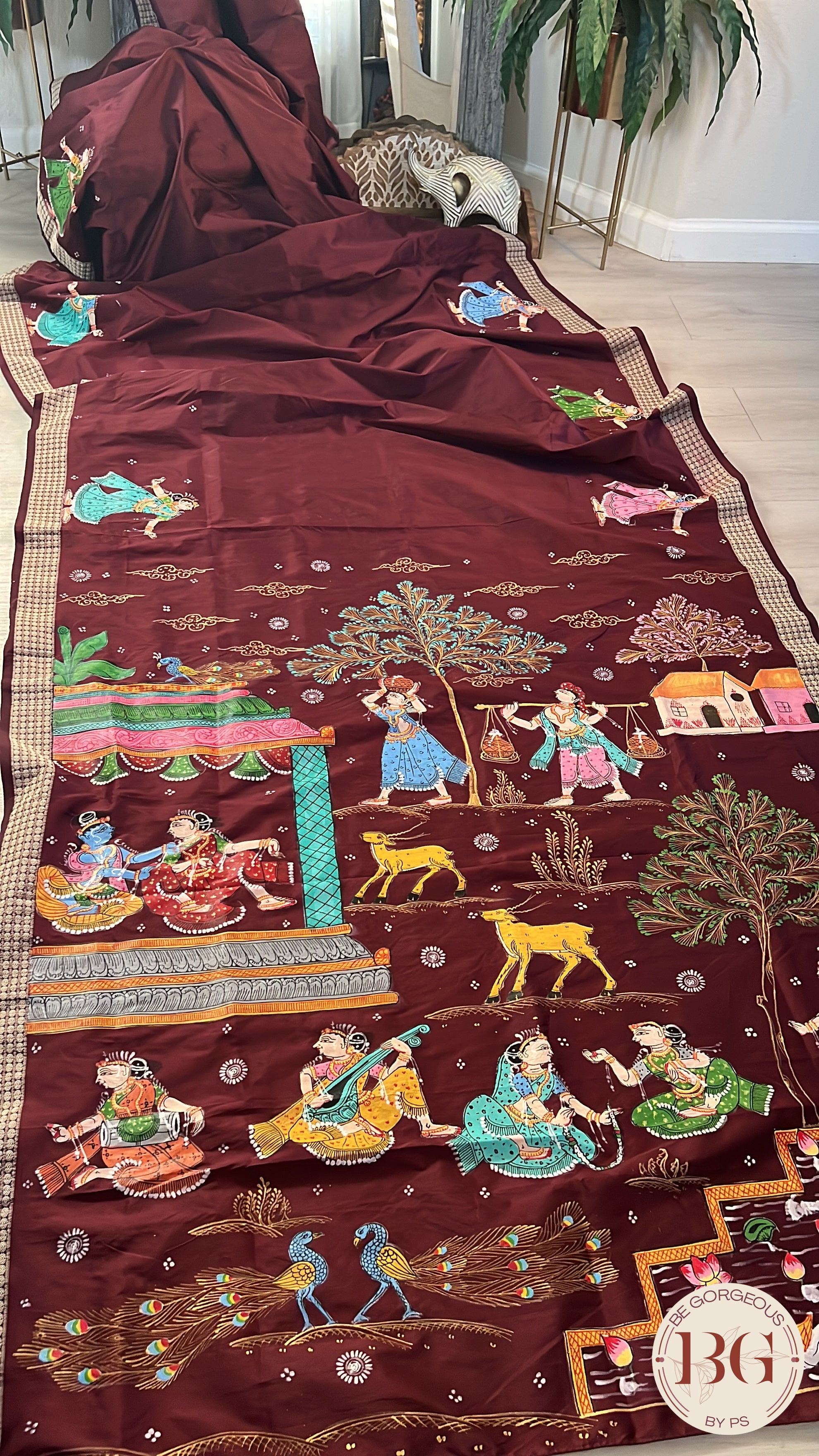 Pattachitra on bomkai silk with gokul theme - maroon