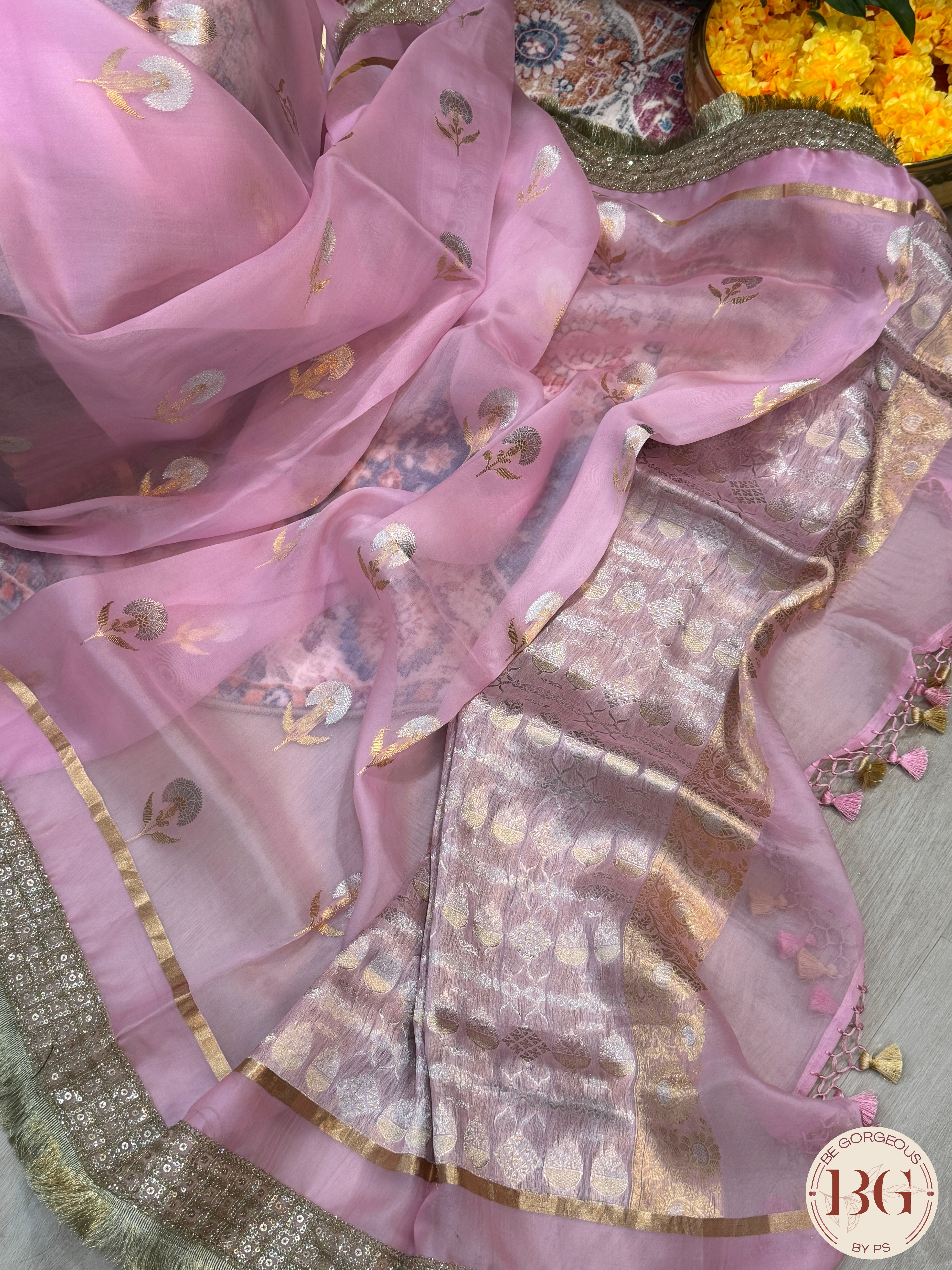 Banarasi Kora Organza silk mark certified saree with lace - Pink