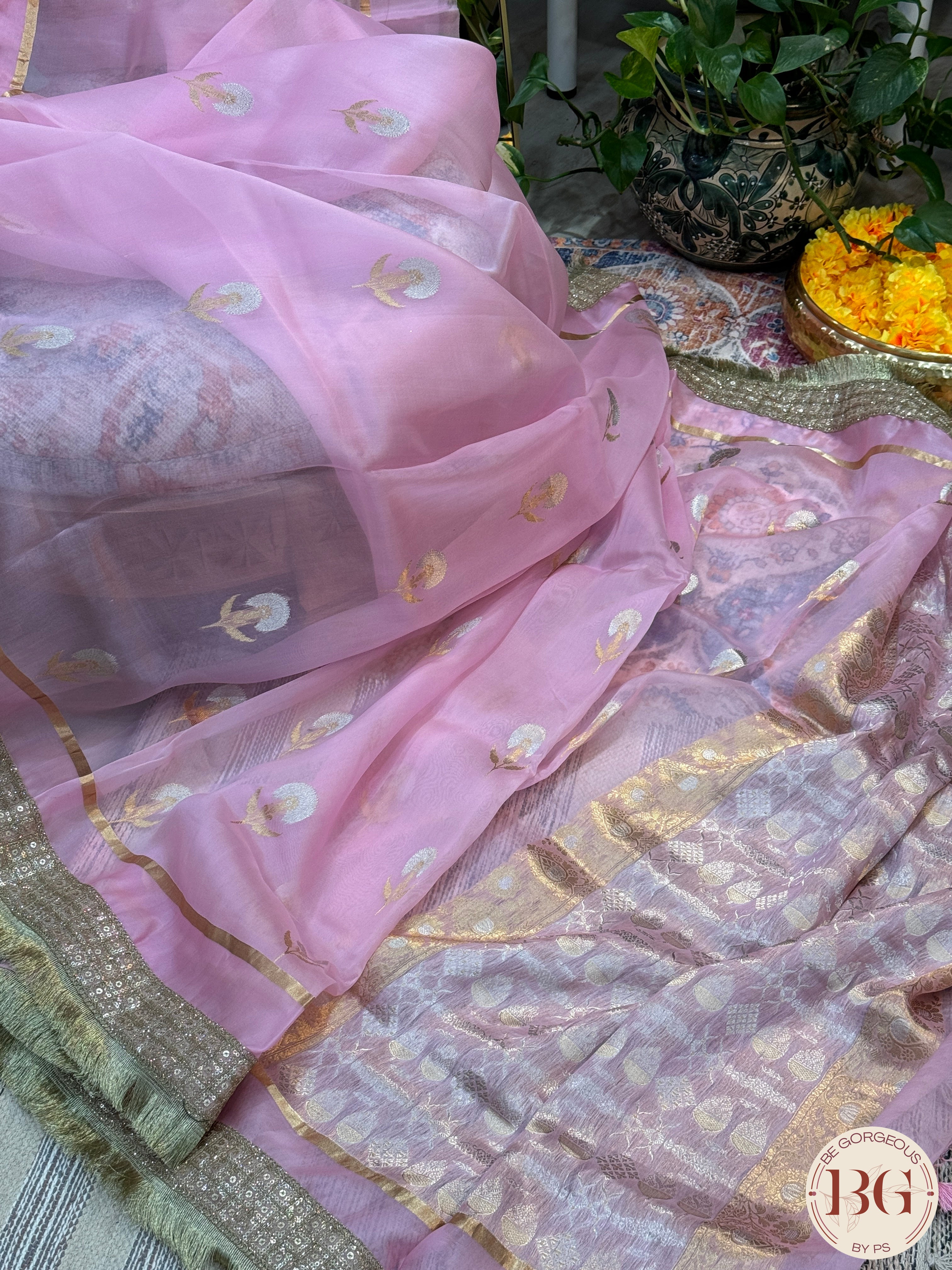 Banarasi Kora Organza silk mark certified saree with lace - Pink