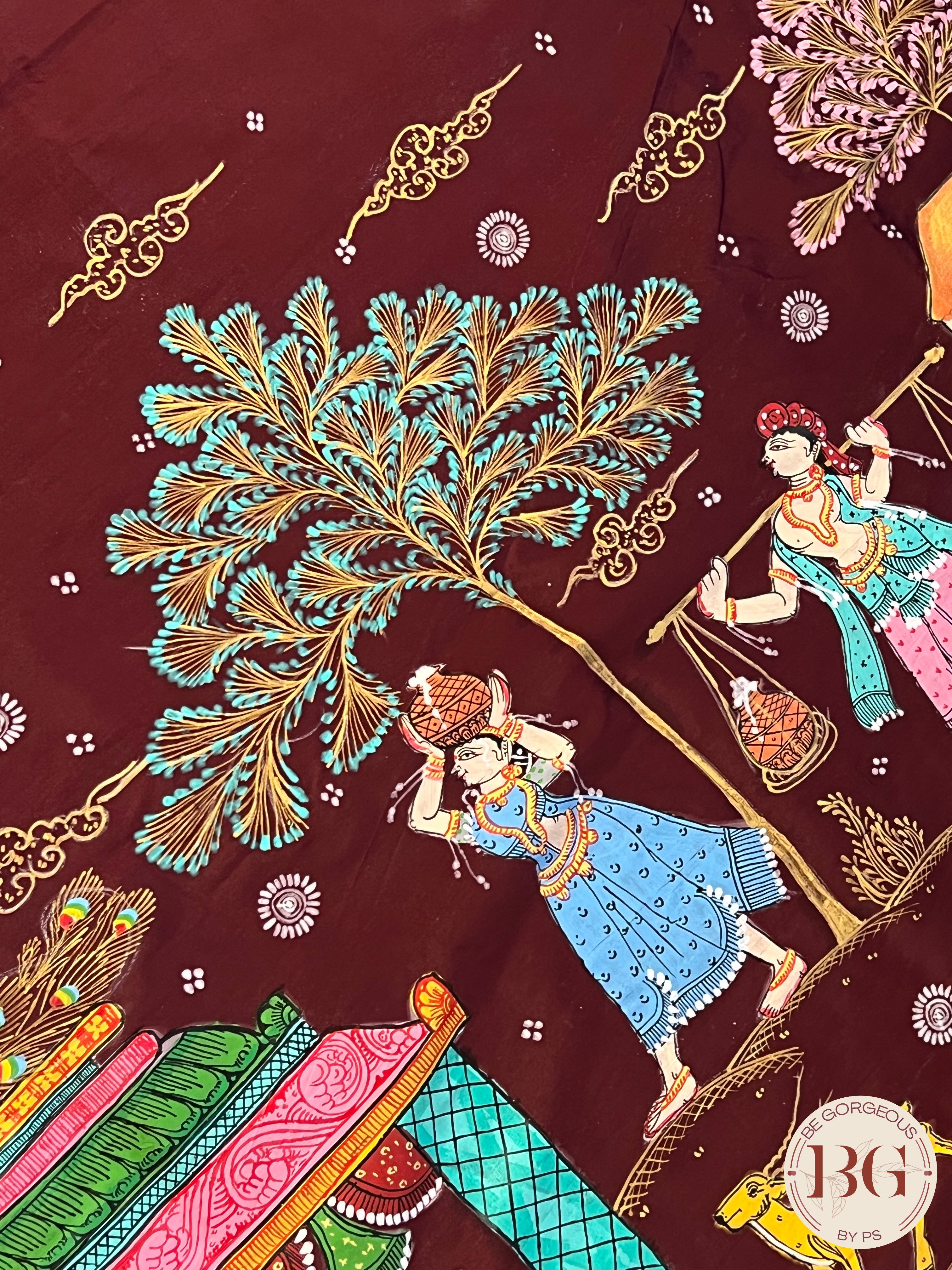 Pattachitra on bomkai silk with gokul theme - maroon