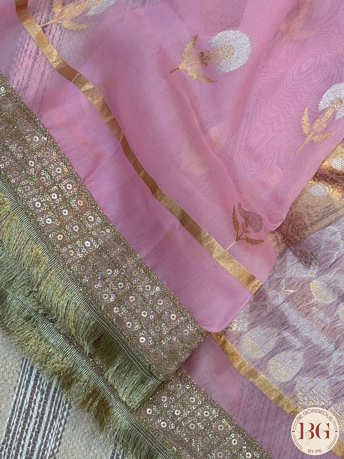 Banarasi Kora Organza silk mark certified saree with lace - Pink