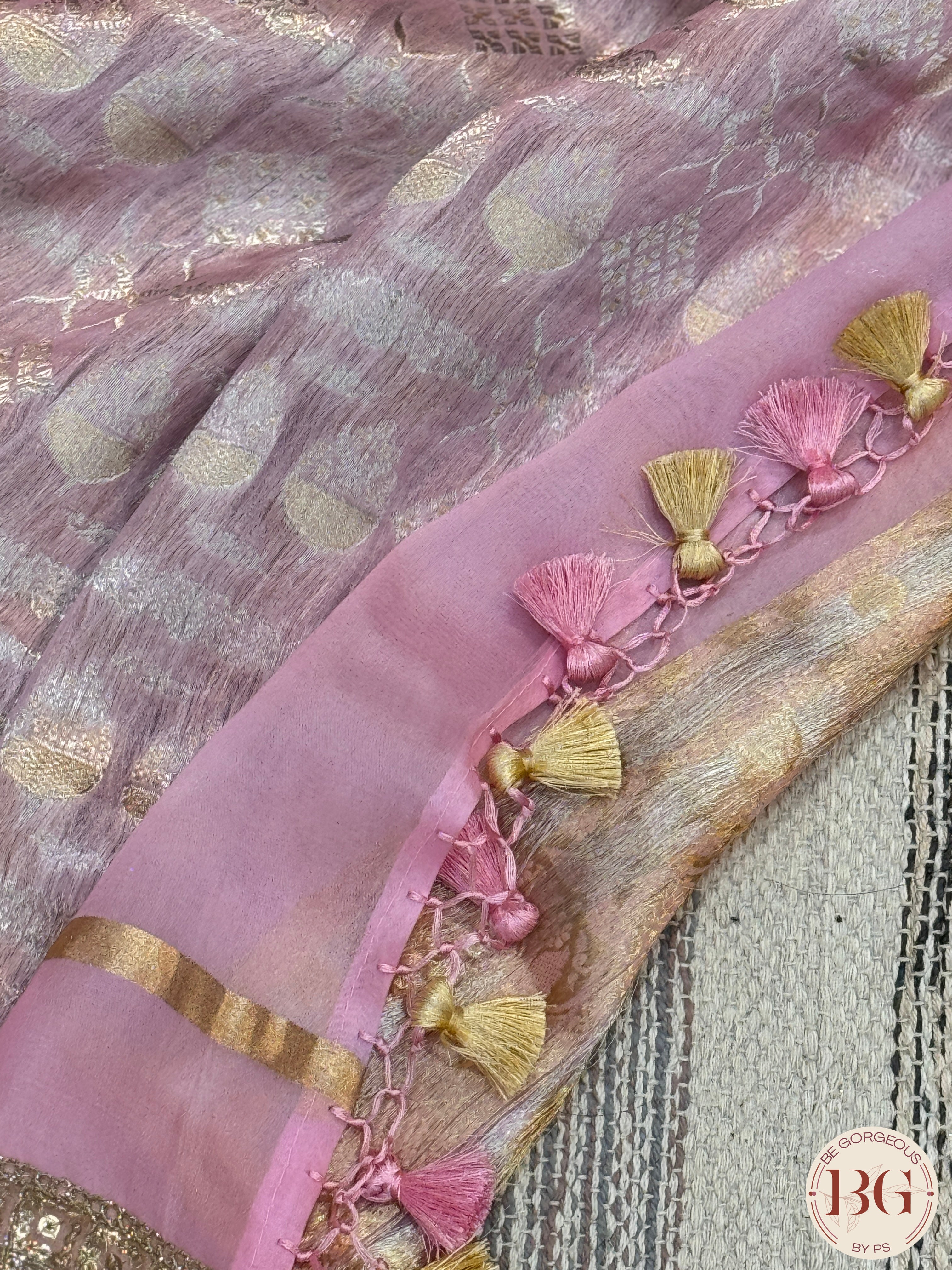 Banarasi Kora Organza silk mark certified saree with lace - Pink