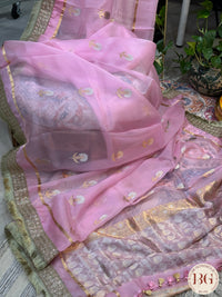 Banarasi Kora Organza silk mark certified saree with lace - Pink