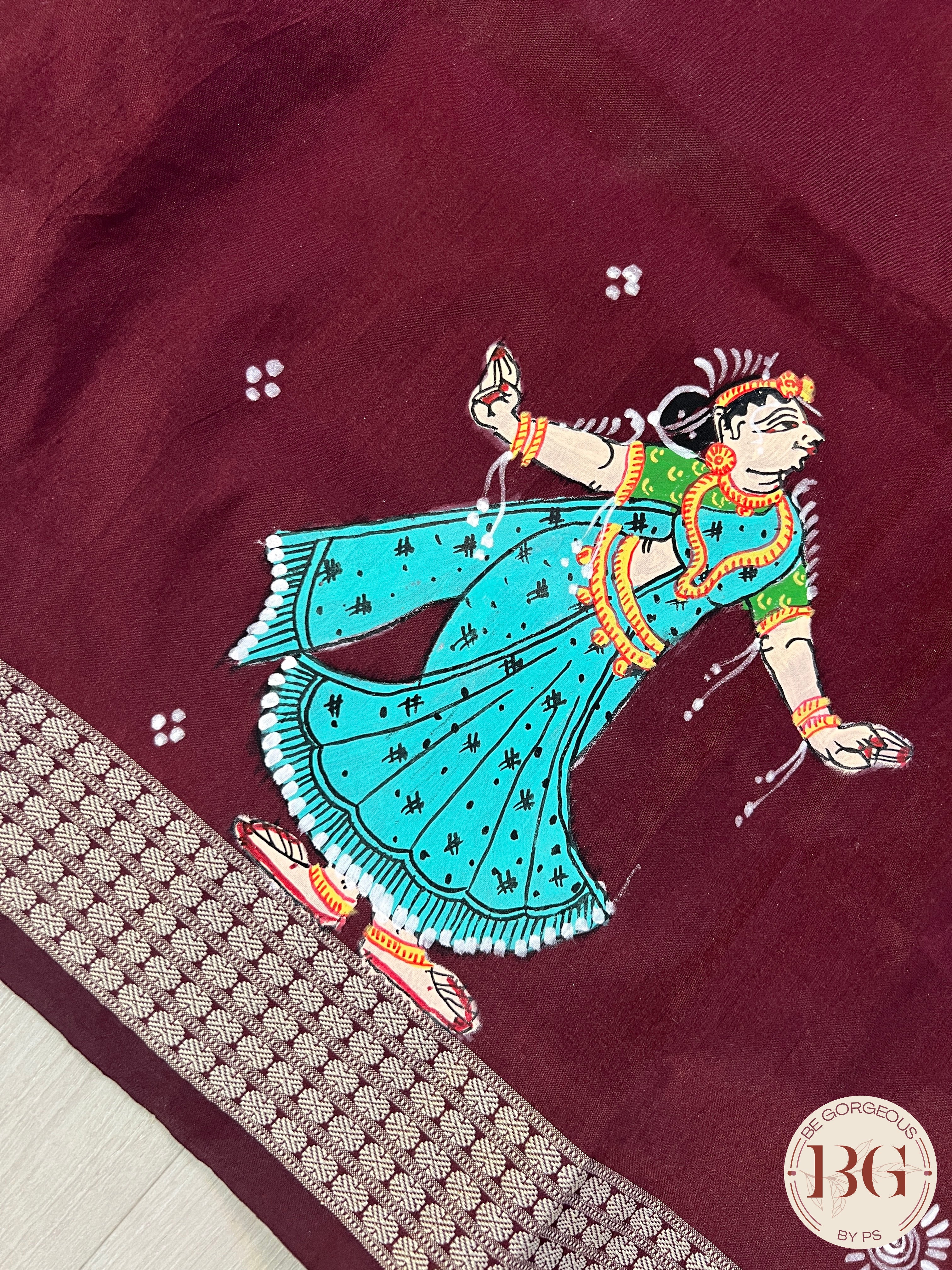 Pattachitra on bomkai silk with gokul theme - maroon