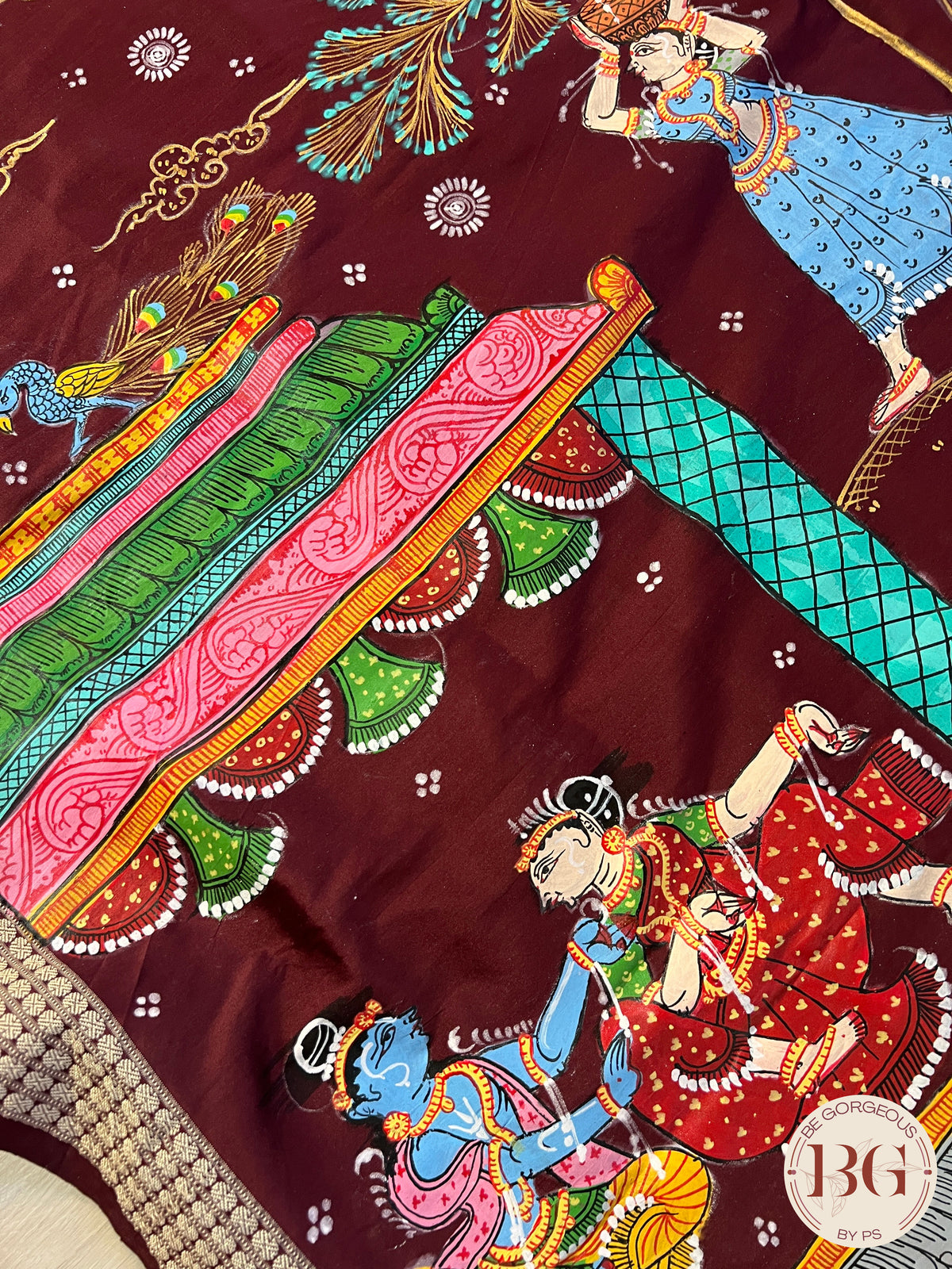 Pattachitra on bomkai silk with gokul theme - maroon