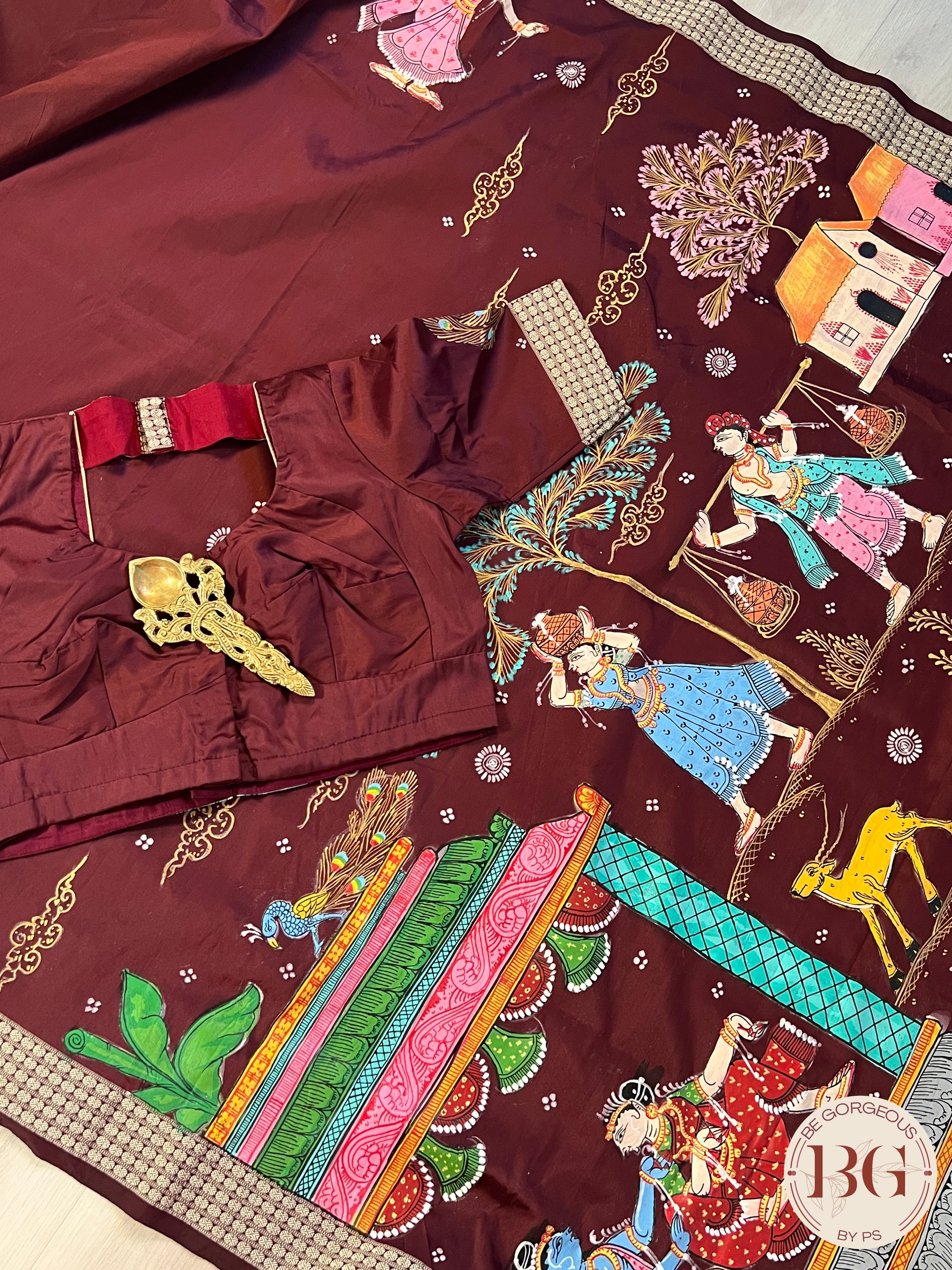 Pattachitra on bomkai silk with gokul theme - maroon