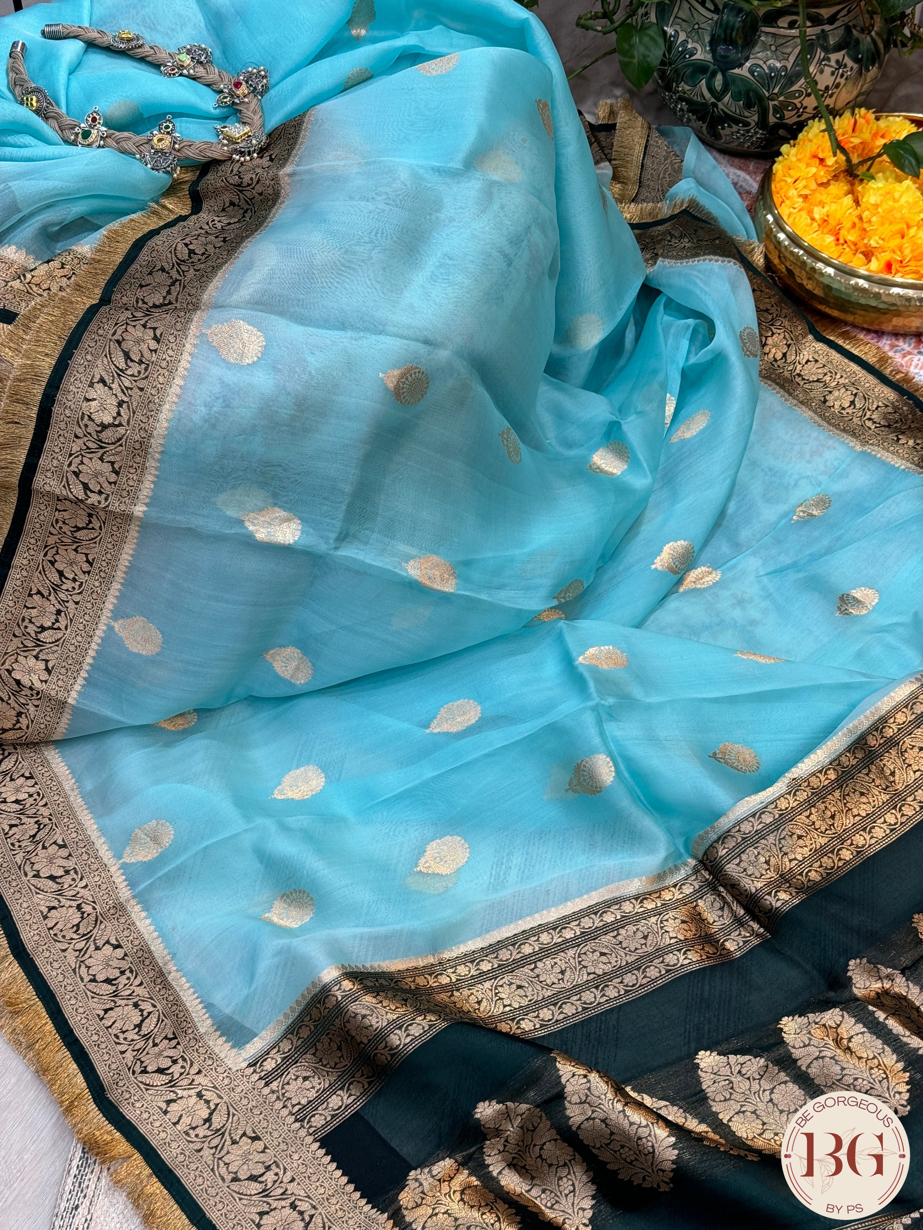 Banarasi Kora Organza silk mark certified saree with lace - Light Blue