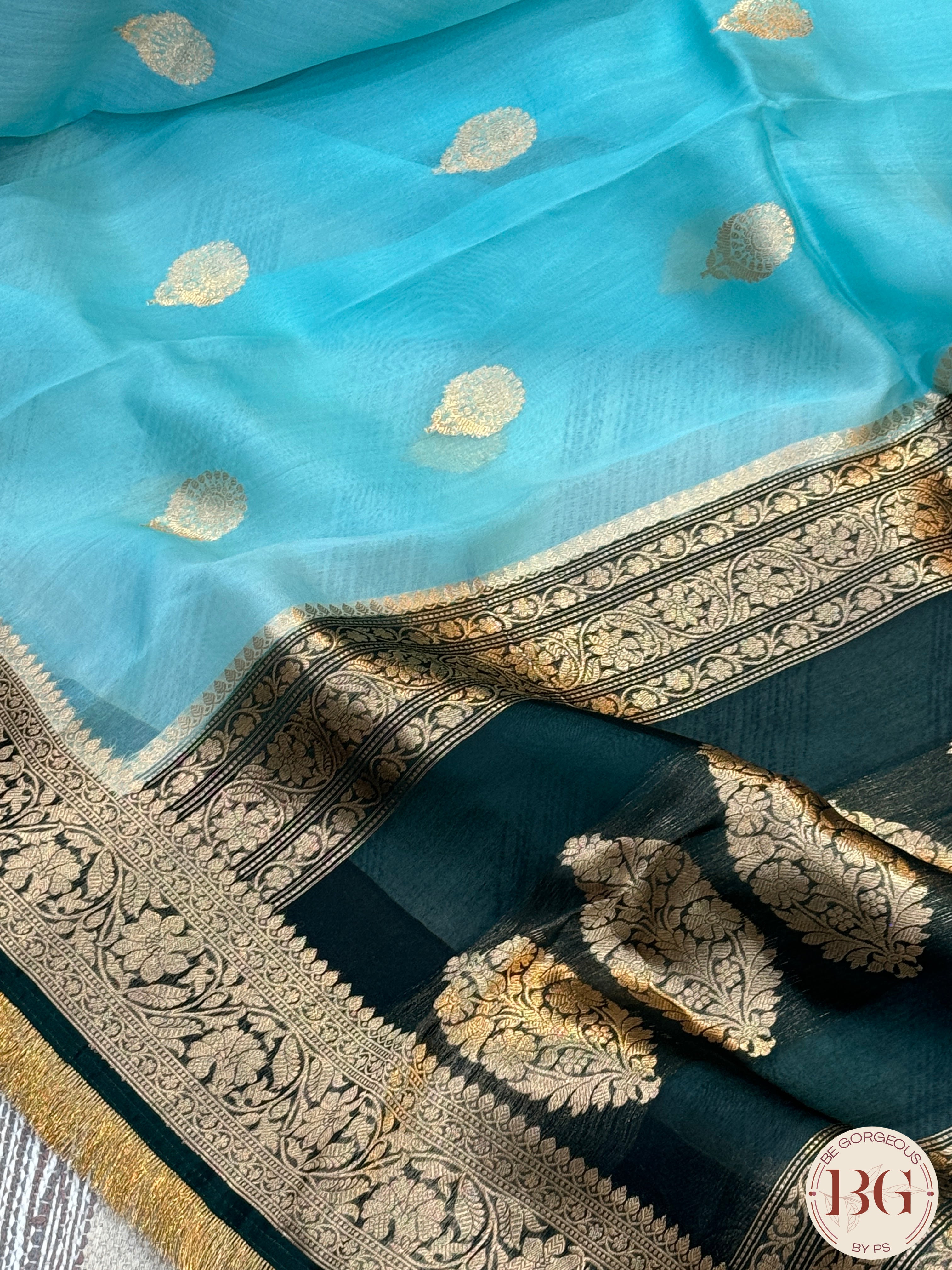 Banarasi Kora Organza silk mark certified saree with lace - Light Blue