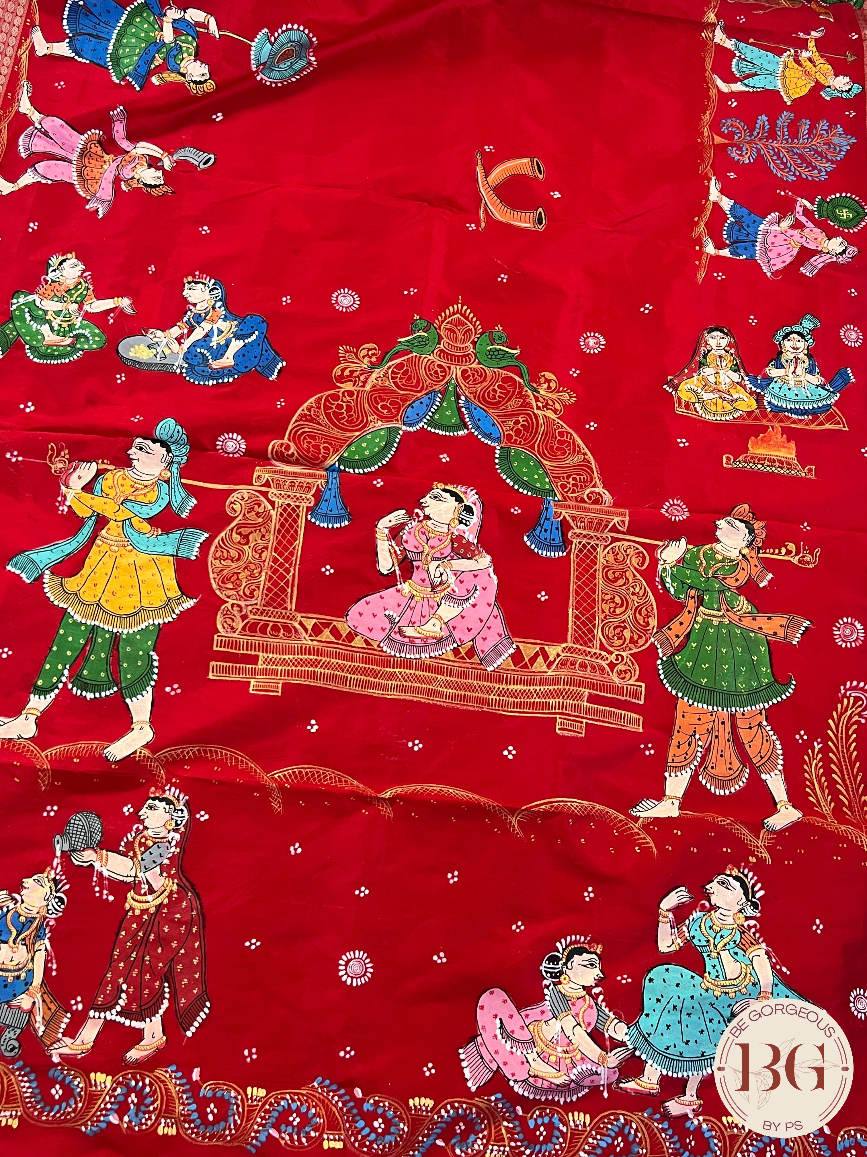 Pattachitra on bomkai silk with doli theme - red