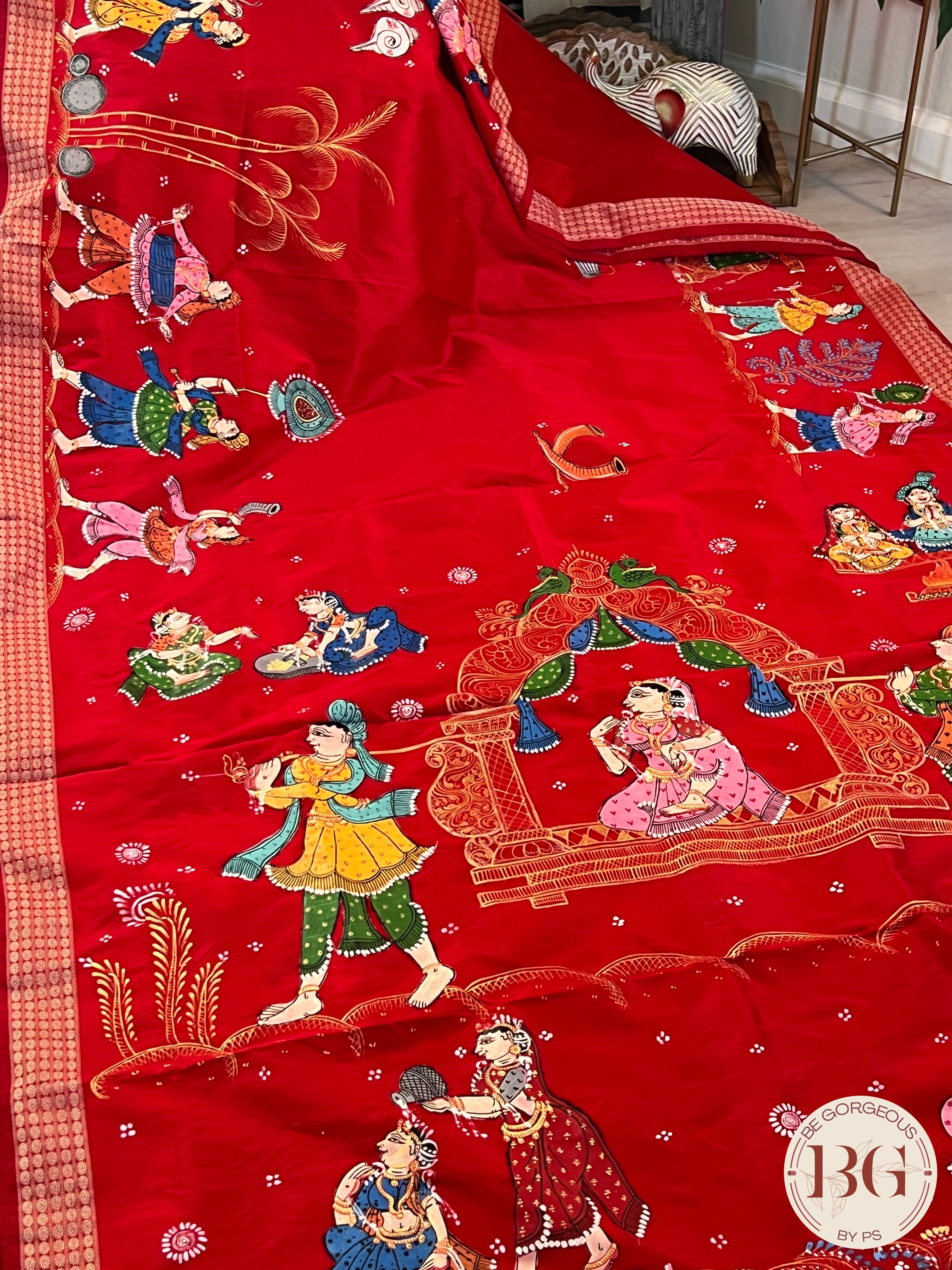 Pattachitra on bomkai silk with doli theme - red