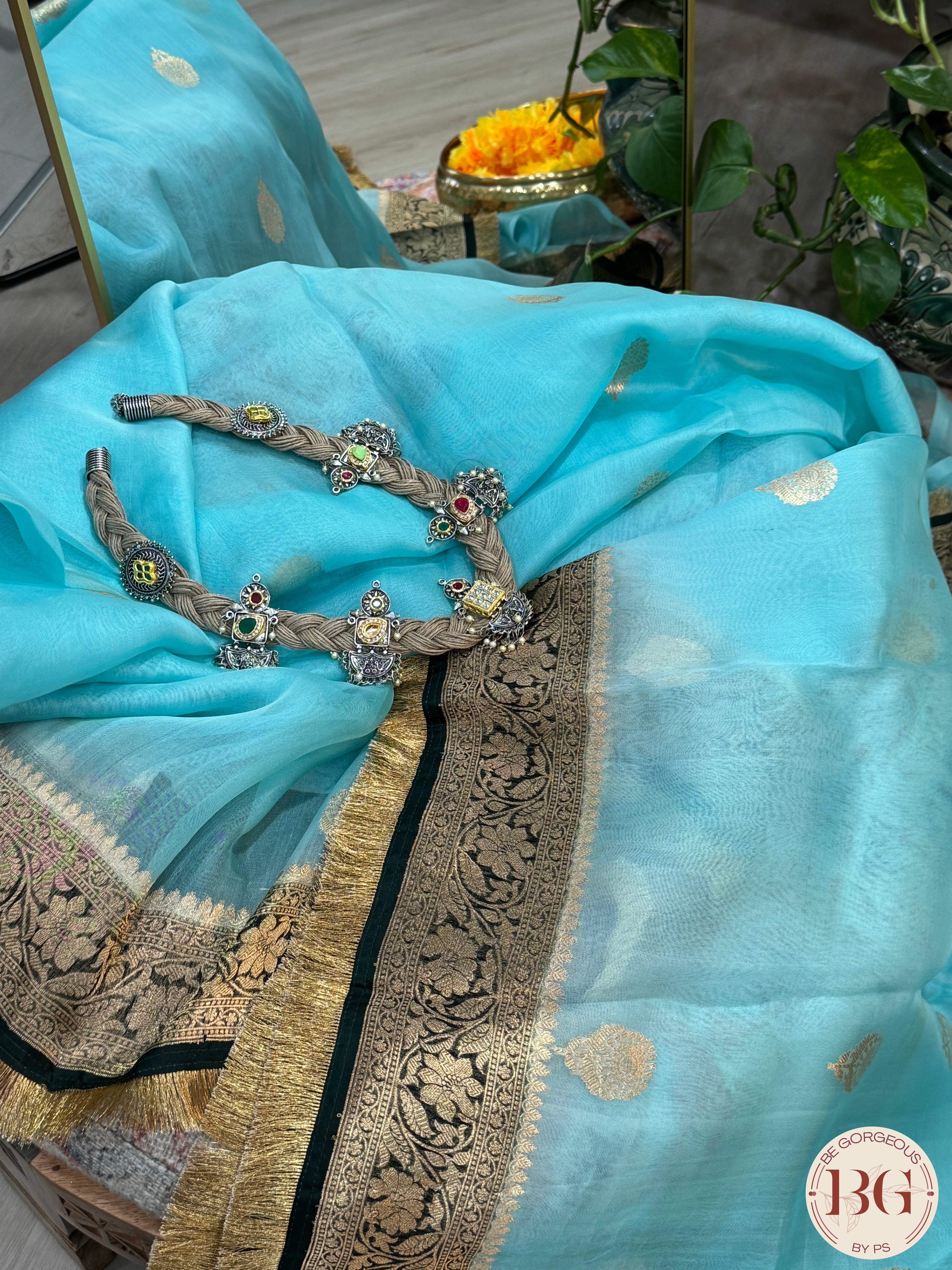 Banarasi Kora Organza silk mark certified saree with lace - Light Blue