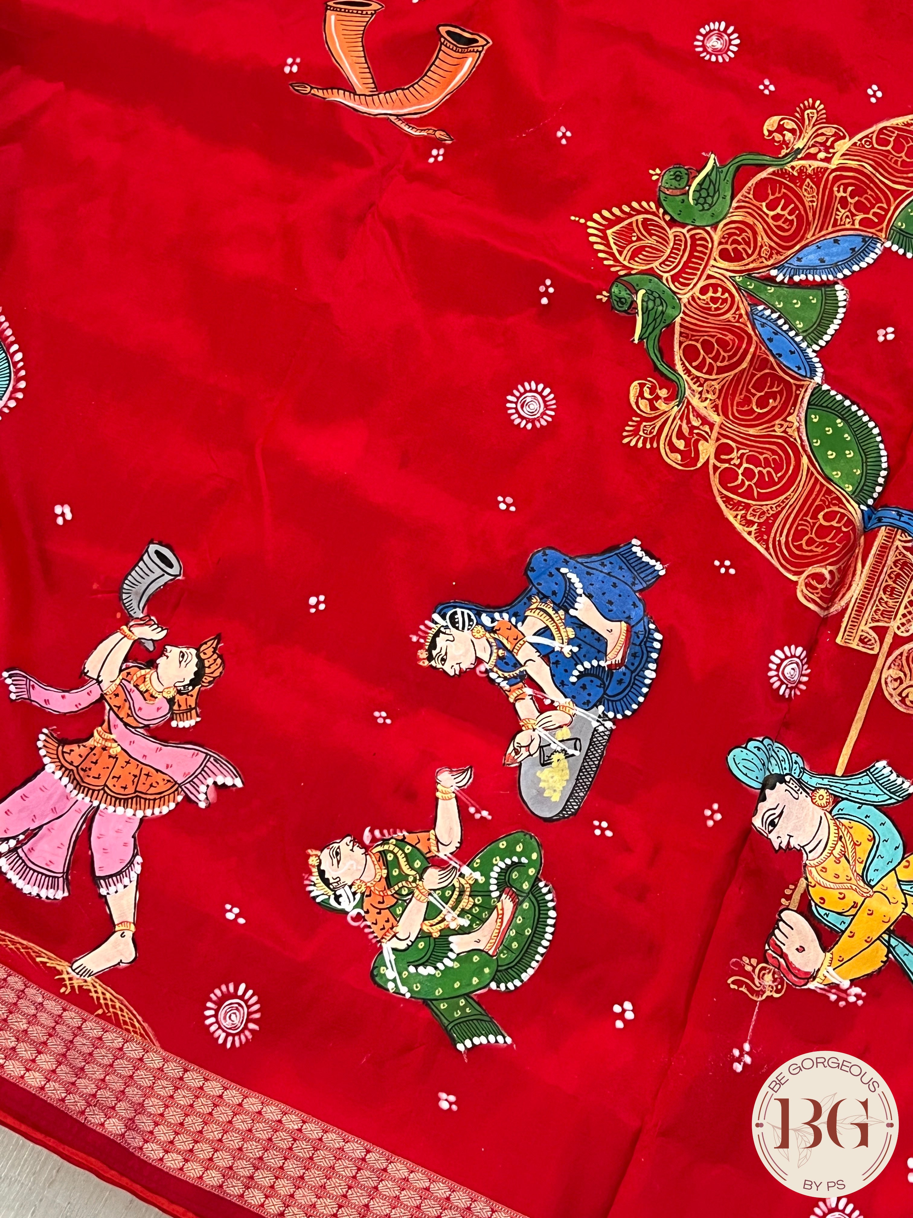 Pattachitra on bomkai silk with doli theme - red