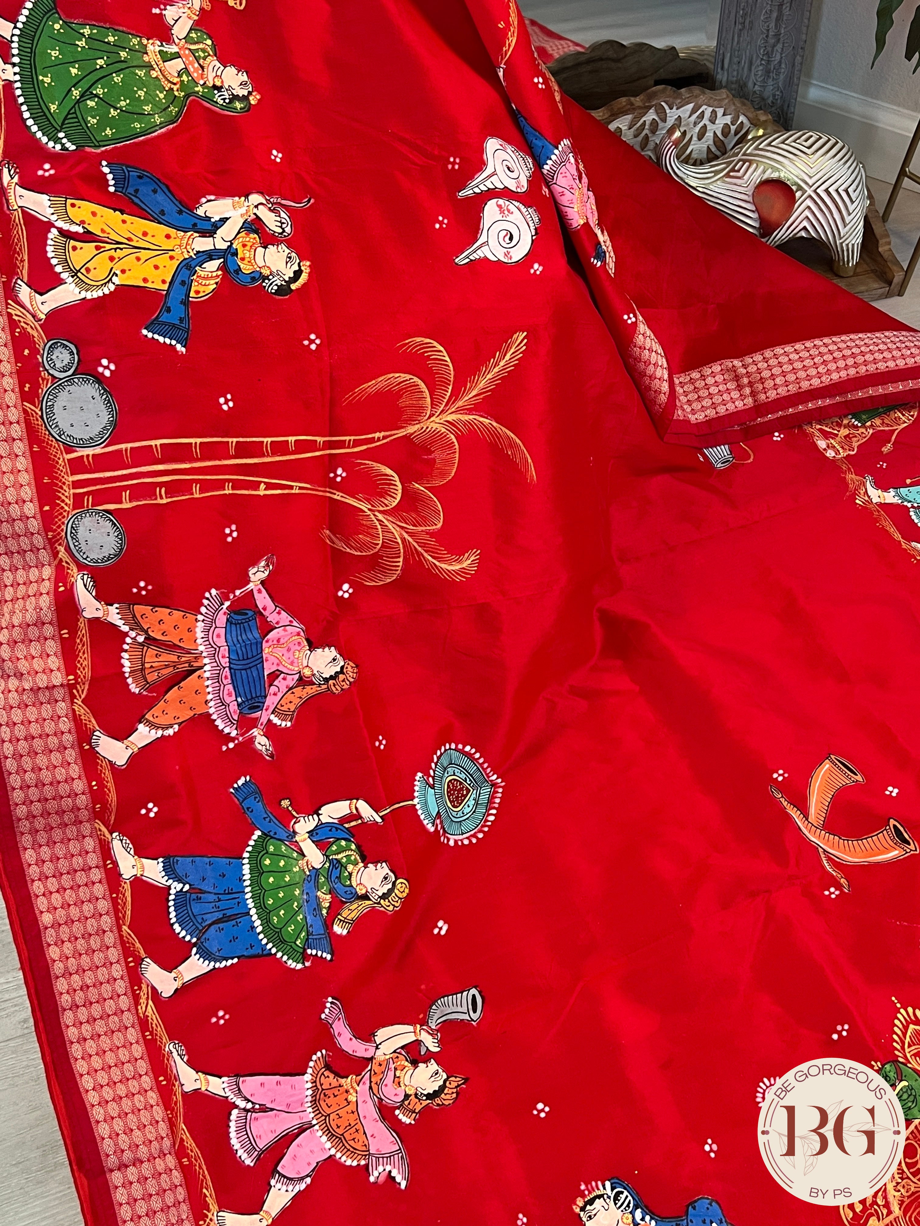 Pattachitra on bomkai silk with doli theme - red