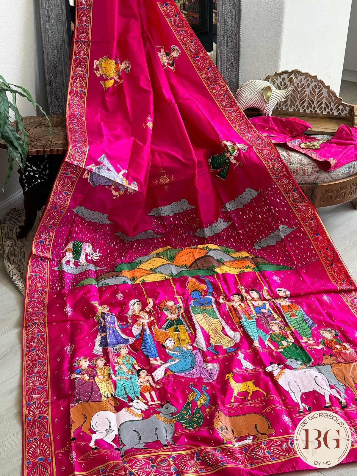 Pattachitra Gobardhan theme hand painted saree on pure bangalore silk - Rani Red color