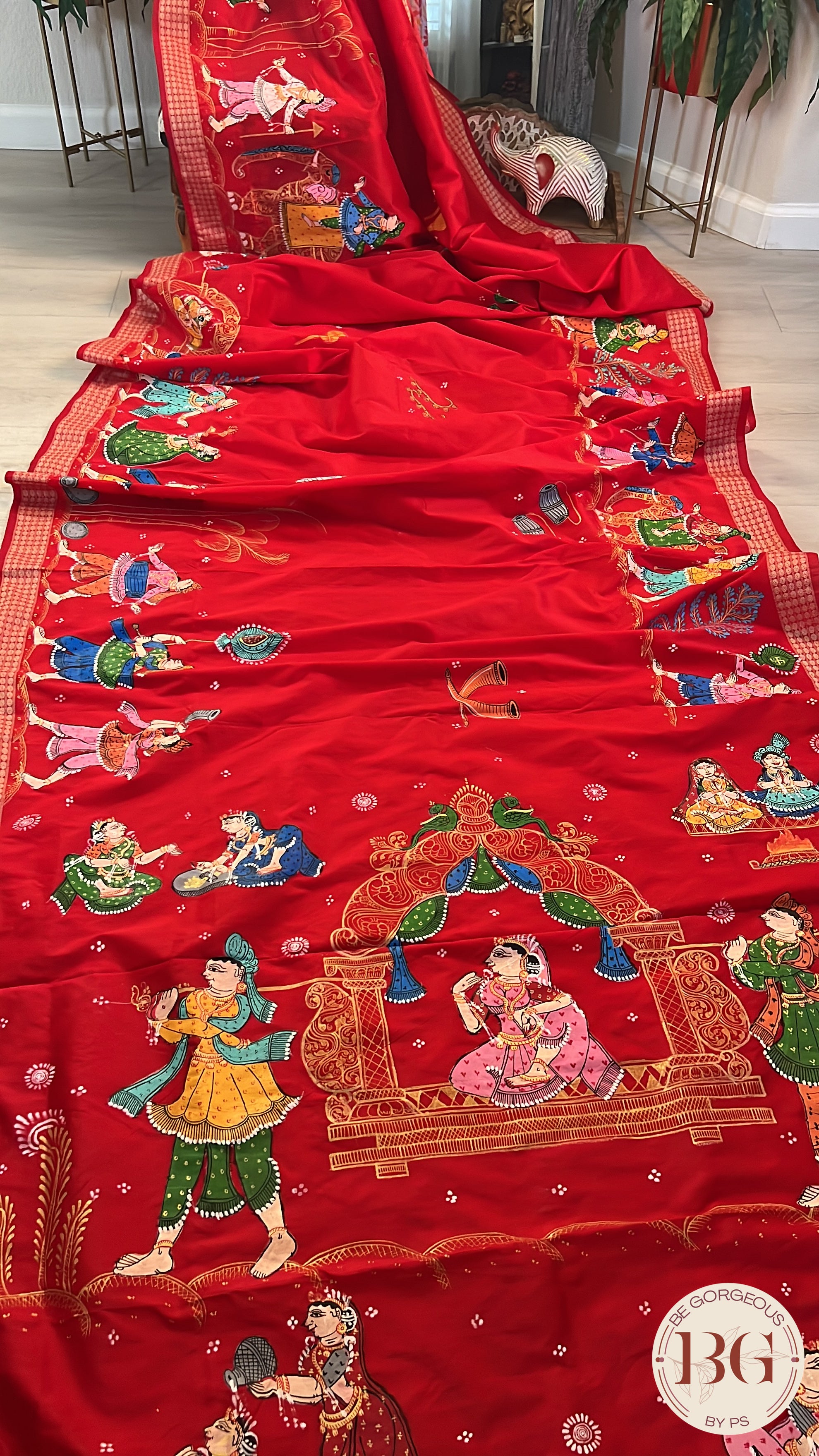 Pattachitra on bomkai silk with doli theme - red