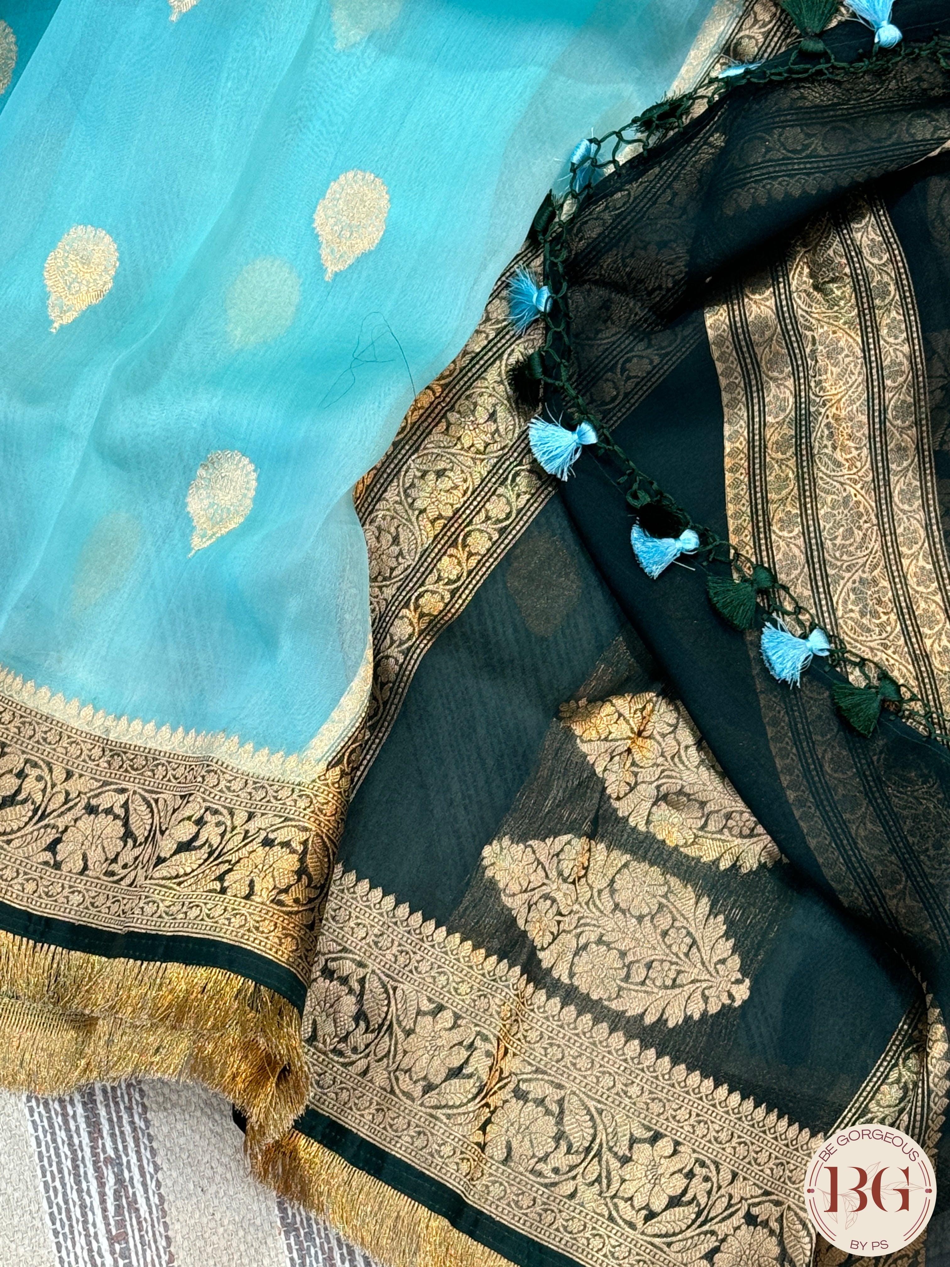 Banarasi Kora Organza silk mark certified saree with lace - Light Blue