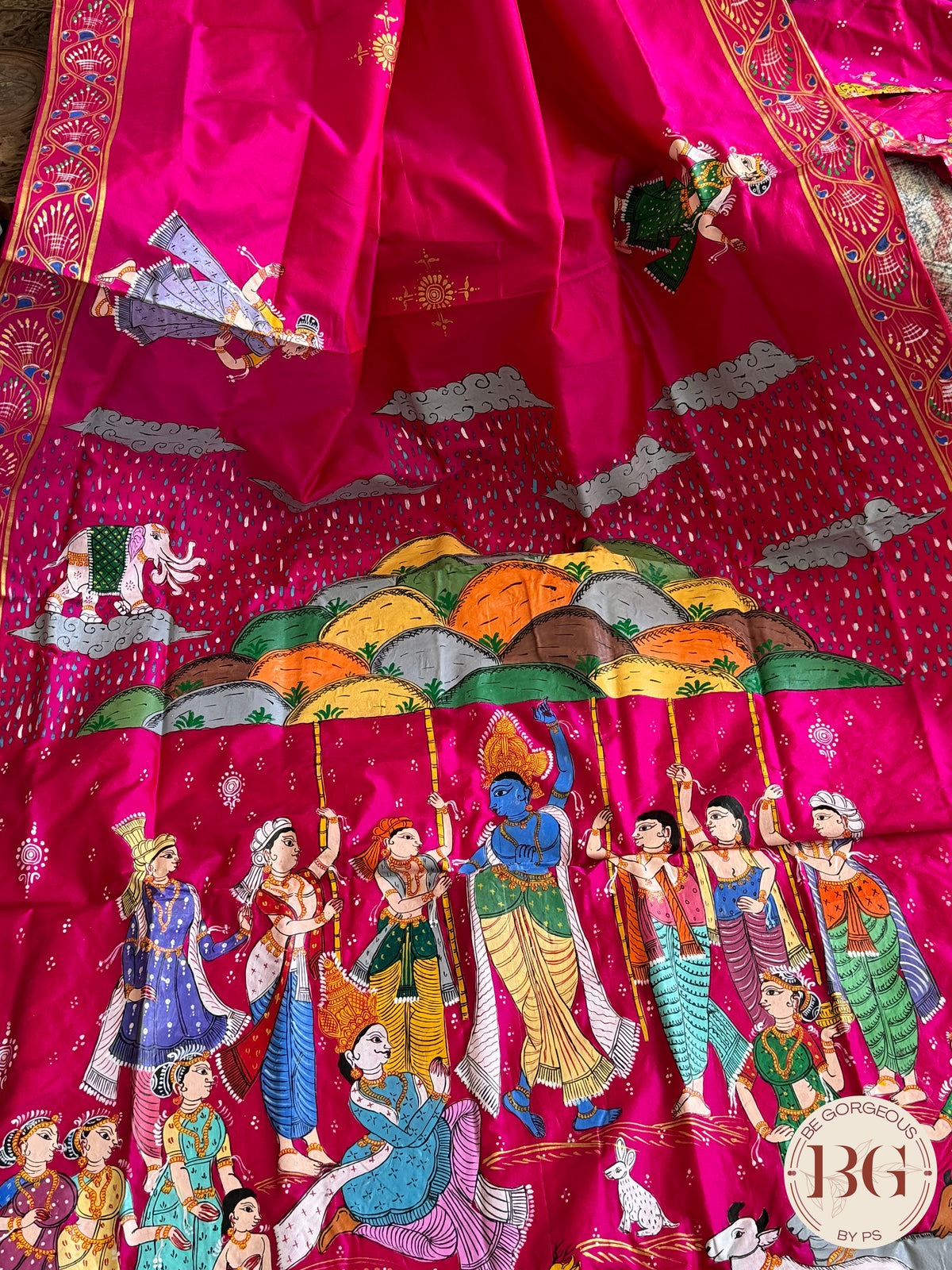 Pattachitra Gobardhan theme hand painted saree on pure bangalore silk - Rani Red color