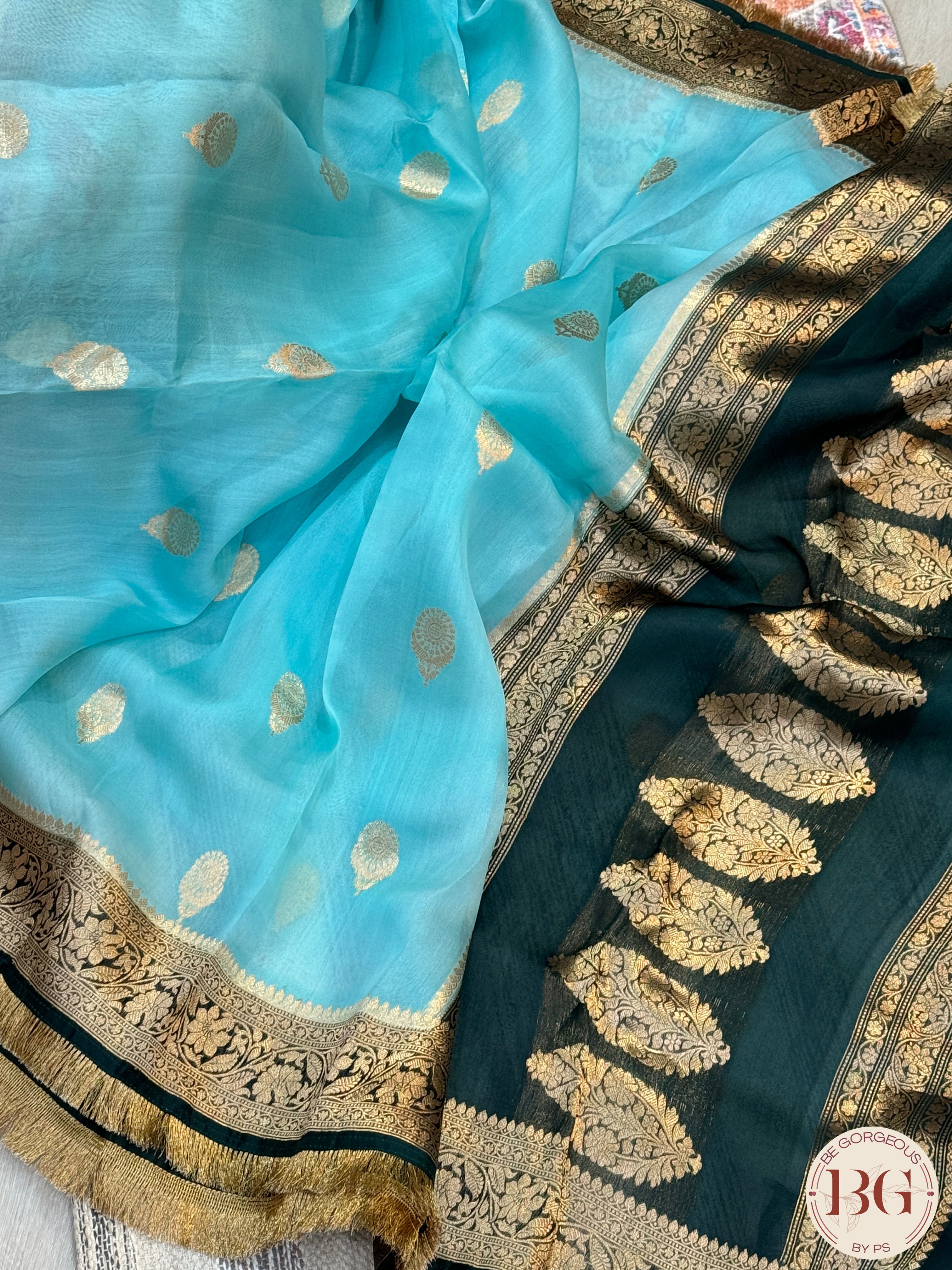 Banarasi Kora Organza silk mark certified saree with lace - Light Blue